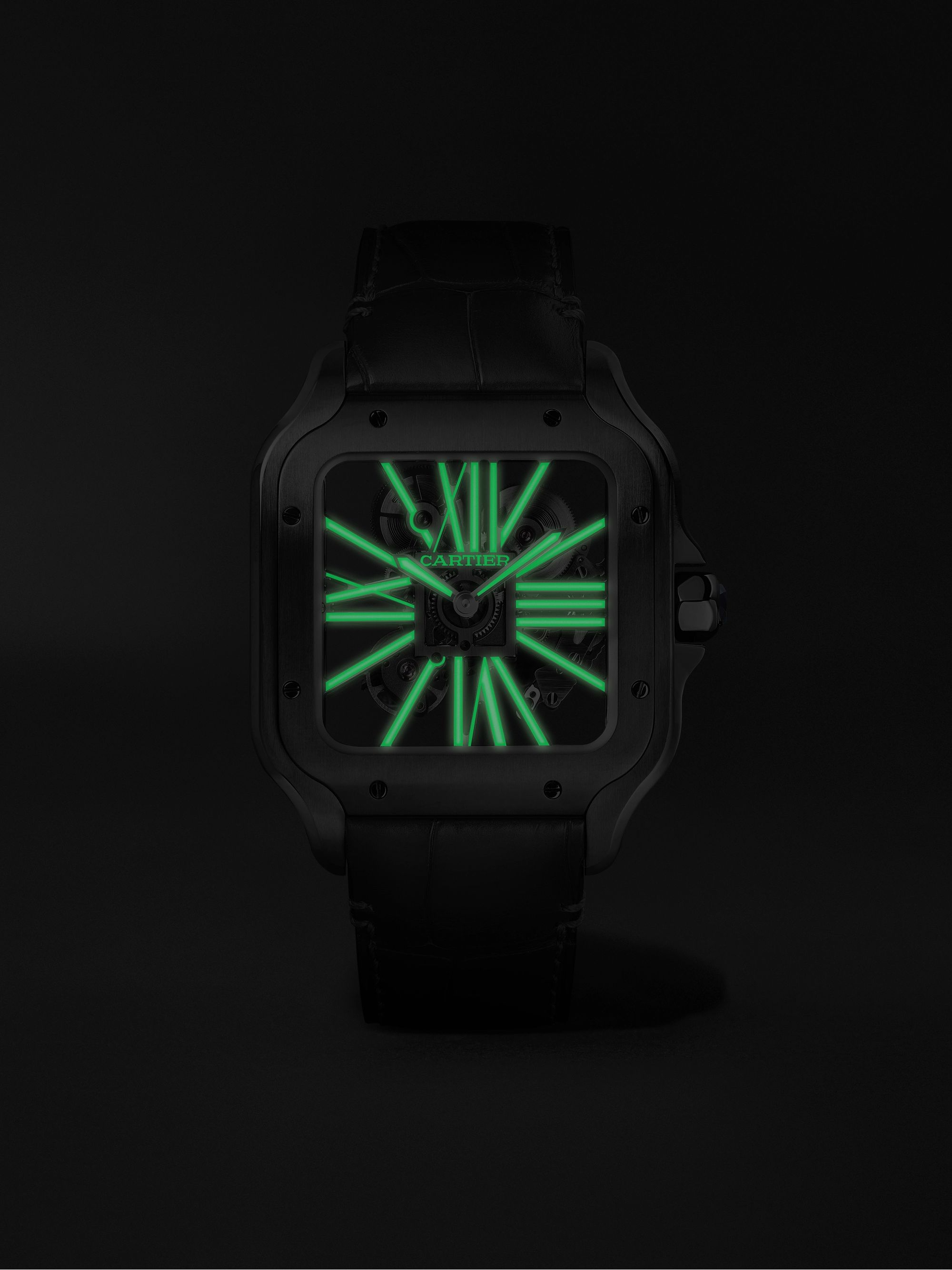 CARTIER Santos de Cartier Skeleton Noctambule Hand-Wound 39.8mm ADLC-Coated Stainless Steel and Alligator Watch