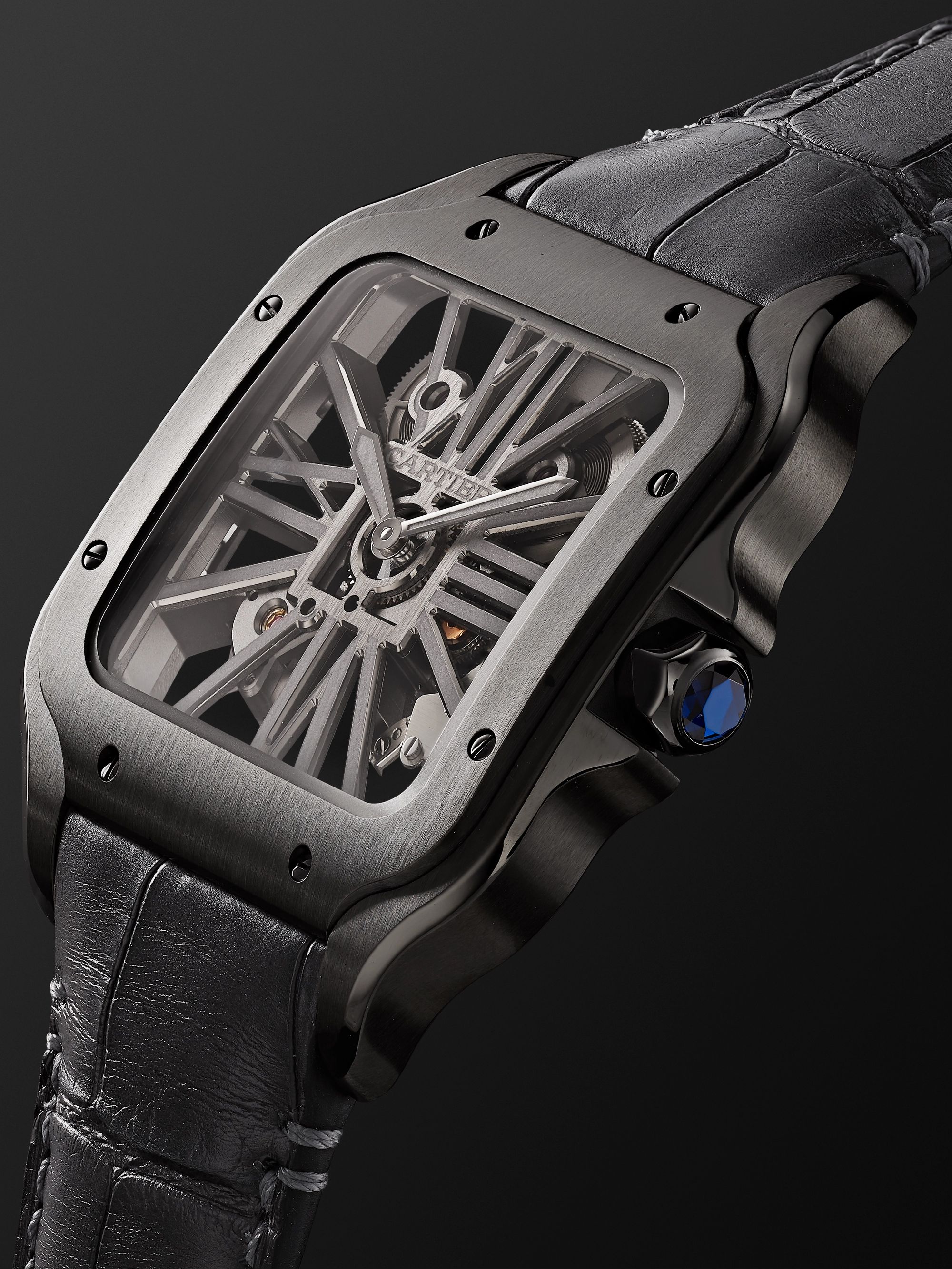 CARTIER Santos de Cartier Skeleton Noctambule Hand-Wound 39.8mm ADLC-Coated Stainless Steel and Alligator Watch
