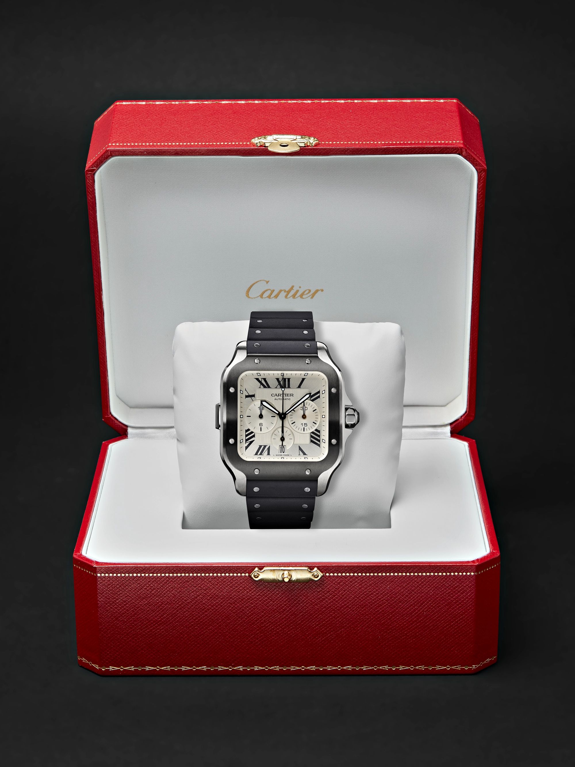 CARTIER Santos de Cartier Automatic Chronograph 43.3mm Interchangeable ADLC-Coated Stainless Steel, Alligator and Rubber Watch, Ref. No. WSSA0017