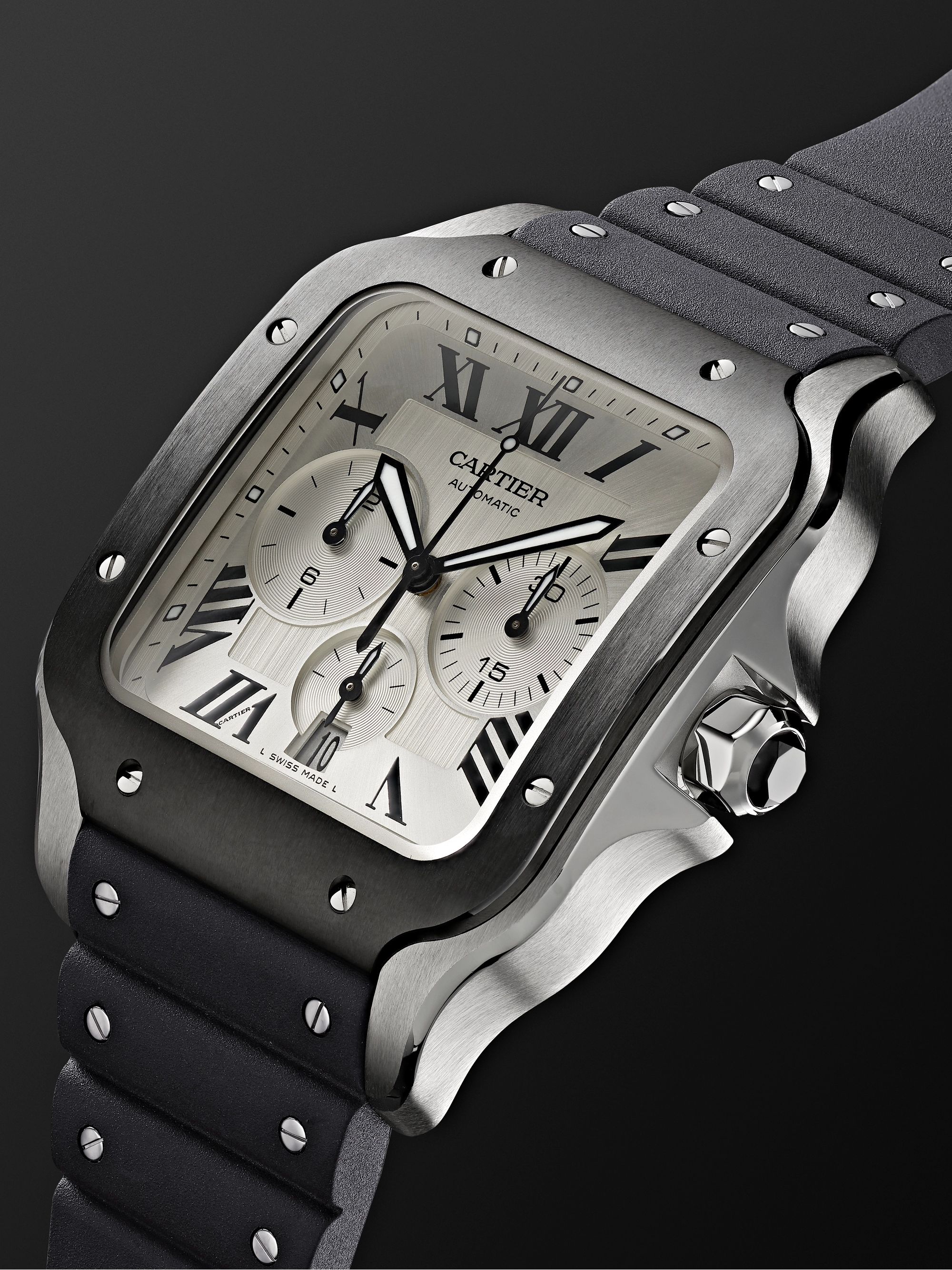 CARTIER Santos de Cartier Automatic Chronograph 43.3mm Interchangeable ADLC-Coated Stainless Steel, Alligator and Rubber Watch, Ref. No. WSSA0017