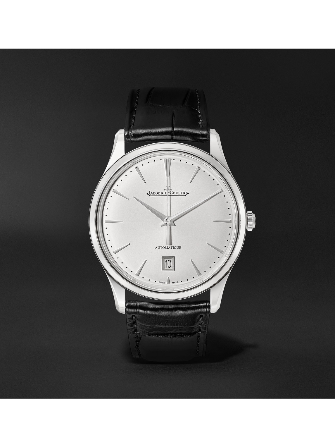 Jaeger-lecoultre Master Ultra Thin Date Automatic 39mm Stainless Steel And Alligator Watch, Ref. No. 1238420 In Silver
