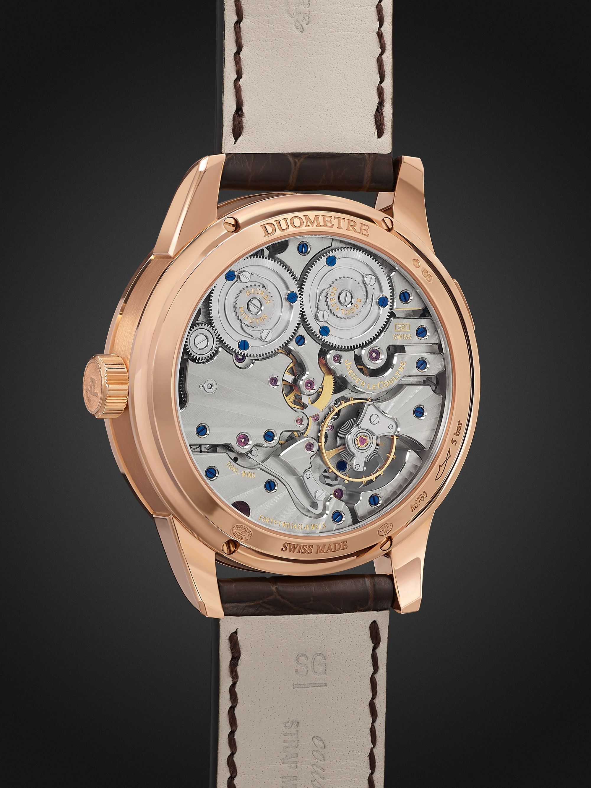 JAEGER LECOULTRE Duomètre Quantième Lunaire Hand-Wound Moon-Phase 42mm 18-Karat Pink Gold and Alligator Watch, Ref. No. Q6042422MS