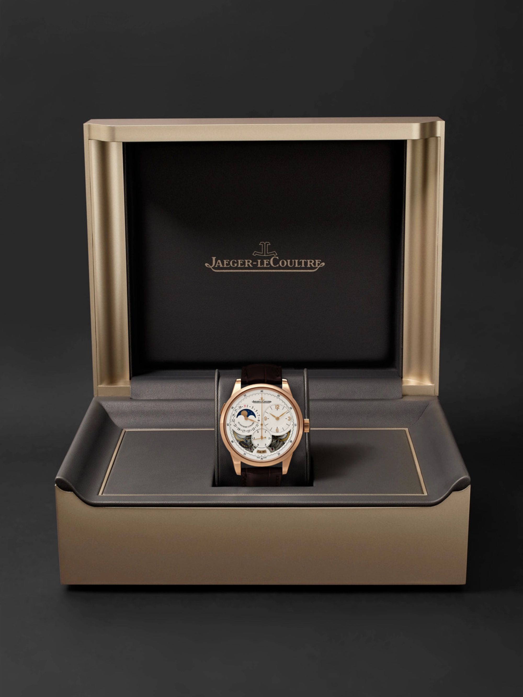 JAEGER LECOULTRE Duomètre Quantième Lunaire Hand-Wound Moon-Phase 42mm 18-Karat Pink Gold and Alligator Watch, Ref. No. Q6042422MS