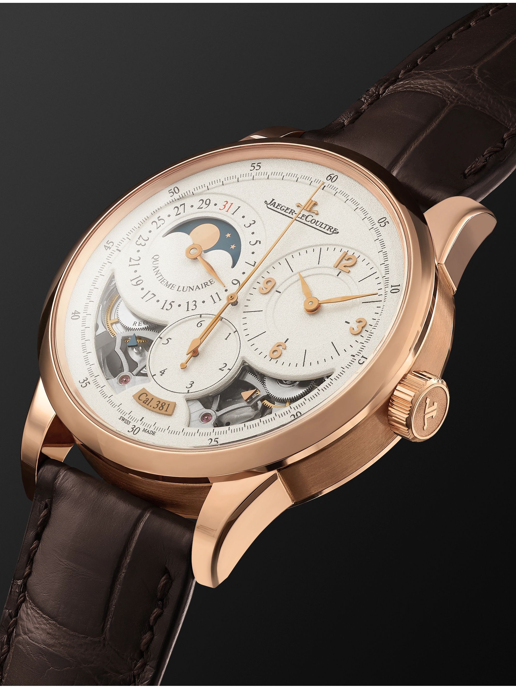 JAEGER LECOULTRE Duomètre Quantième Lunaire Hand-Wound Moon-Phase 42mm 18-Karat Pink Gold and Alligator Watch, Ref. No. Q6042422MS