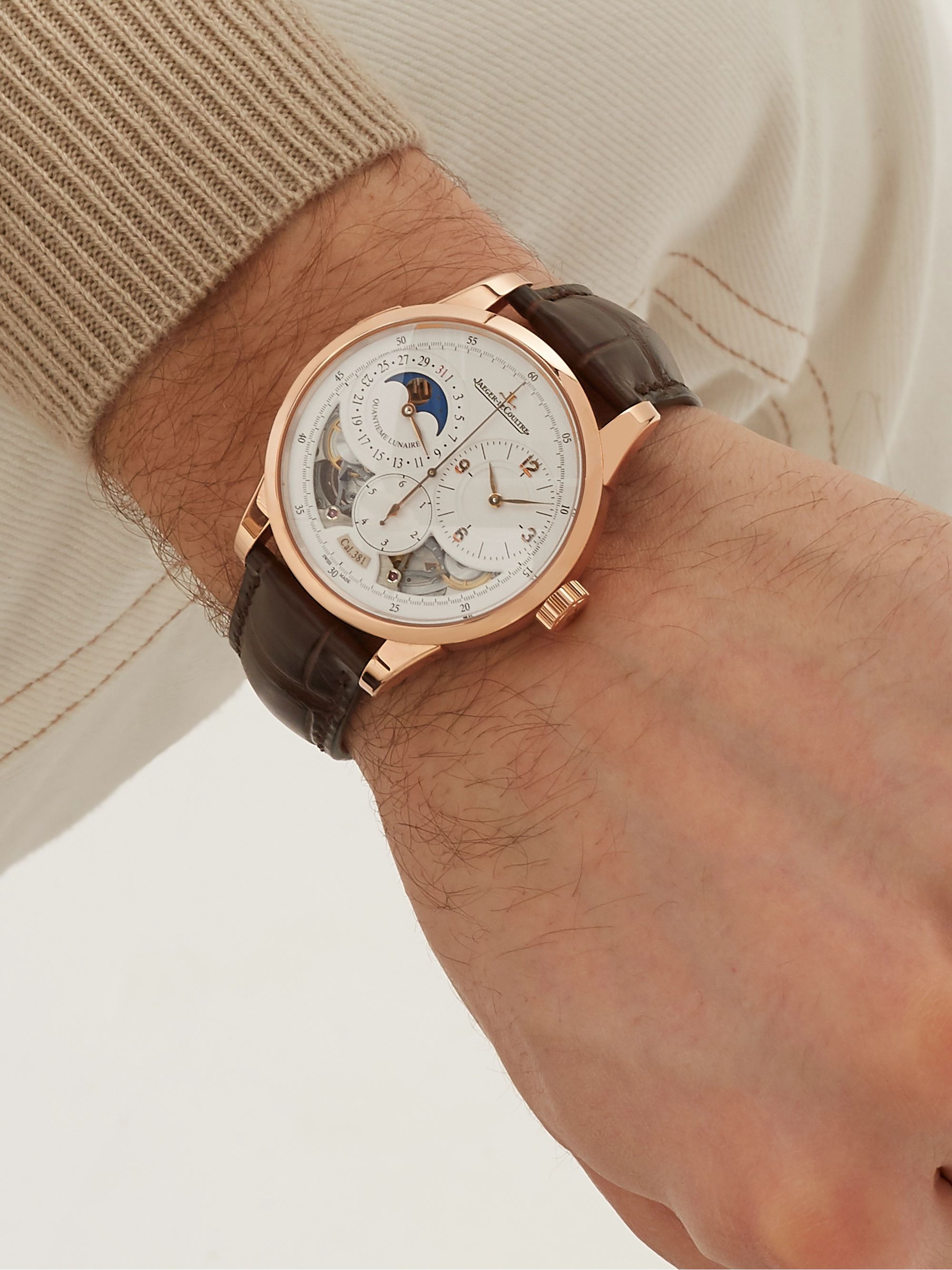 JAEGER LECOULTRE Duomètre Quantième Lunaire Hand-Wound Moon-Phase 42mm 18-Karat Pink Gold and Alligator Watch, Ref. No. Q6042422MS