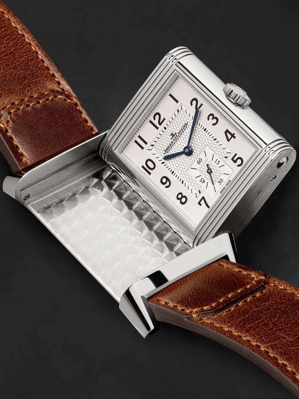 Shop Jaeger-lecoultre Reverso Classic Large Duoface Hand-wound 47mm X 28.3mm Stainless Steel And Leather Watch, Ref. No. Q In White
