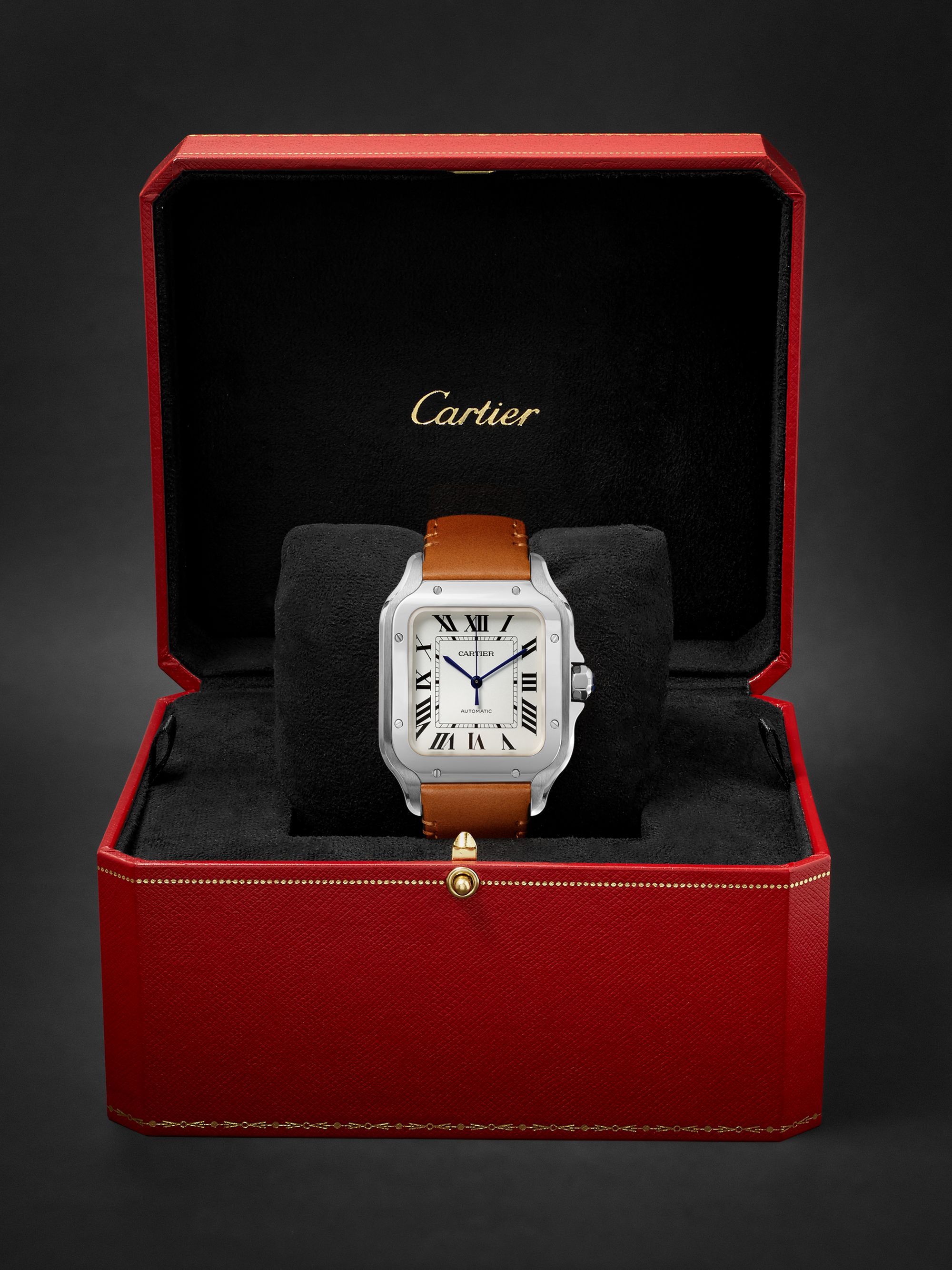 CARTIER ساعة Santos الأوتوماتيكية من الفولاذ المقاوم للصدأ والجلد بقياس 35.6 مم مع سوار قابل للتبديل، الرقم المرجعي WSSA0010