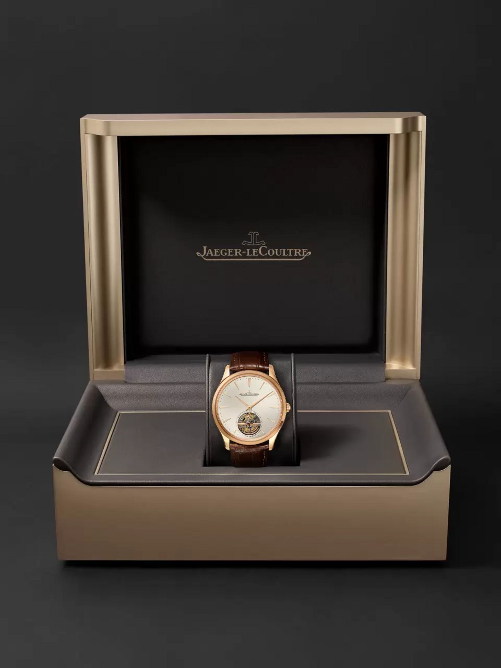 JAEGER LECOULTRE Master Ultra Thin Tourbillon Automatic 40mm 18-Karat Pink Gold and Alligator Watch, Ref. No. 1682410