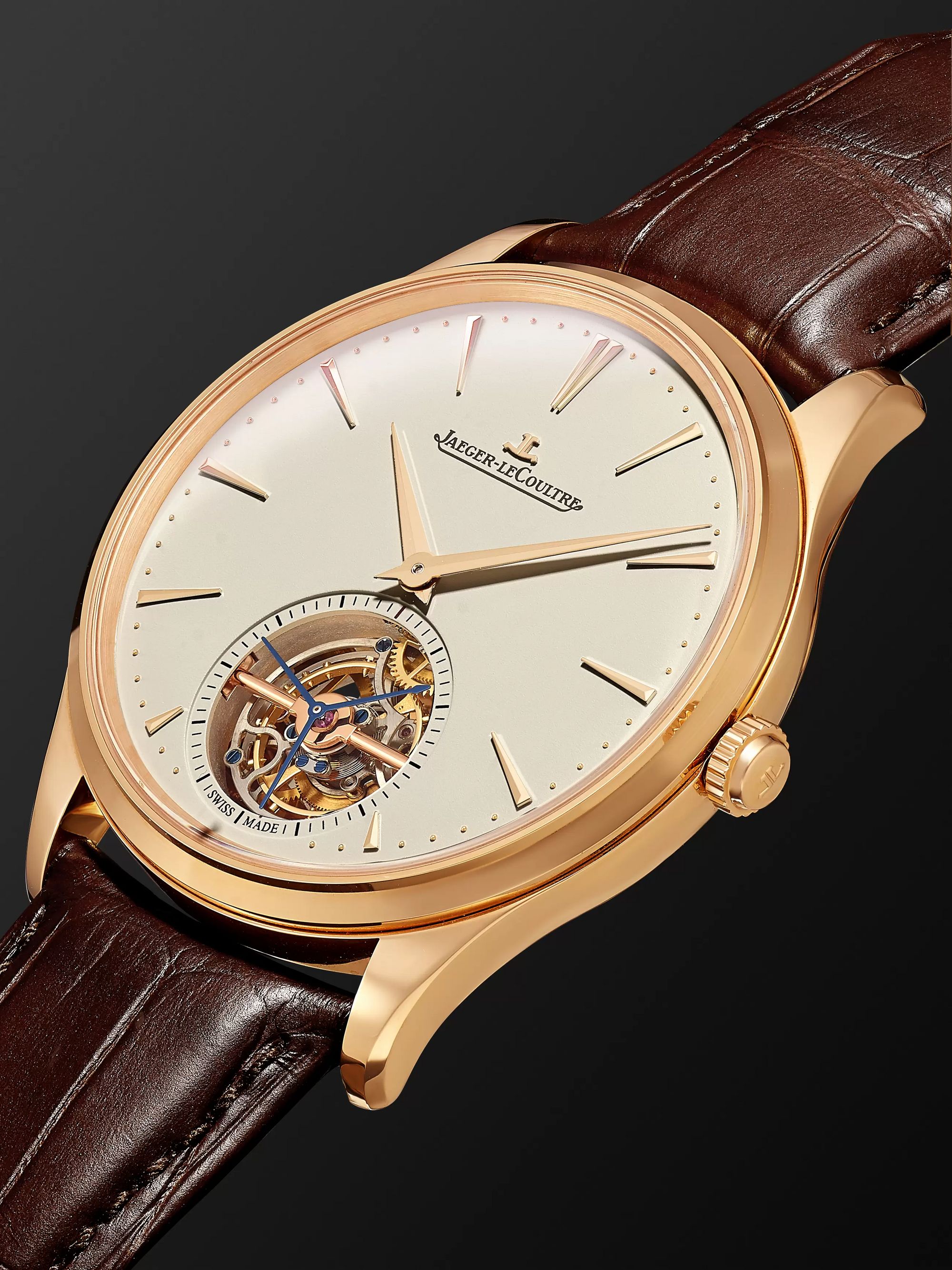 JAEGER LECOULTRE Master Ultra Thin Tourbillon Automatic 40mm 18-Karat Pink Gold and Alligator Watch, Ref. No. 1682410
