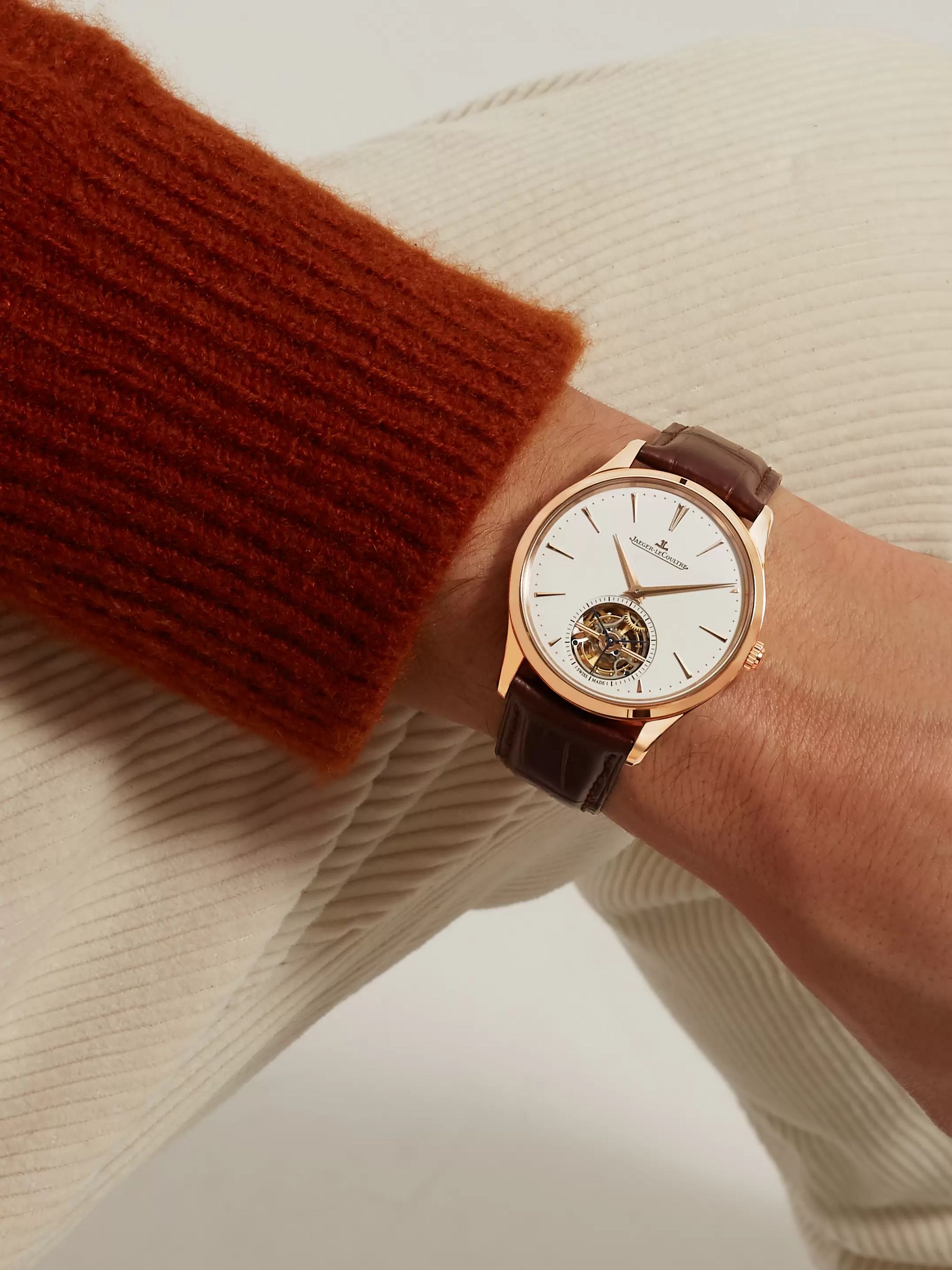 JAEGER LECOULTRE Master Ultra Thin Tourbillon Automatic 40mm 18-Karat Pink Gold and Alligator Watch, Ref. No. 1682410