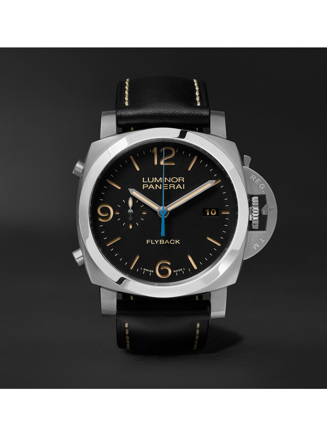 Panerai Luminor Chrono Automatic Flyback Chronograph 44mm Stainless Steel And Leather Watch, Ref. No. Pam005 In Black