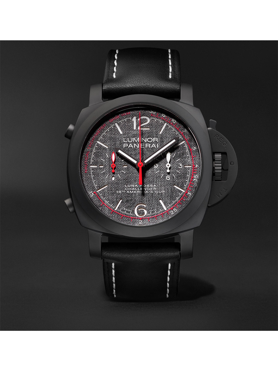 Panerai Luminor Luna Rossa Automatic Flyback Chronograph 44mm Ceramic And Leather Watch, Ref. No. Pam01037 In Black
