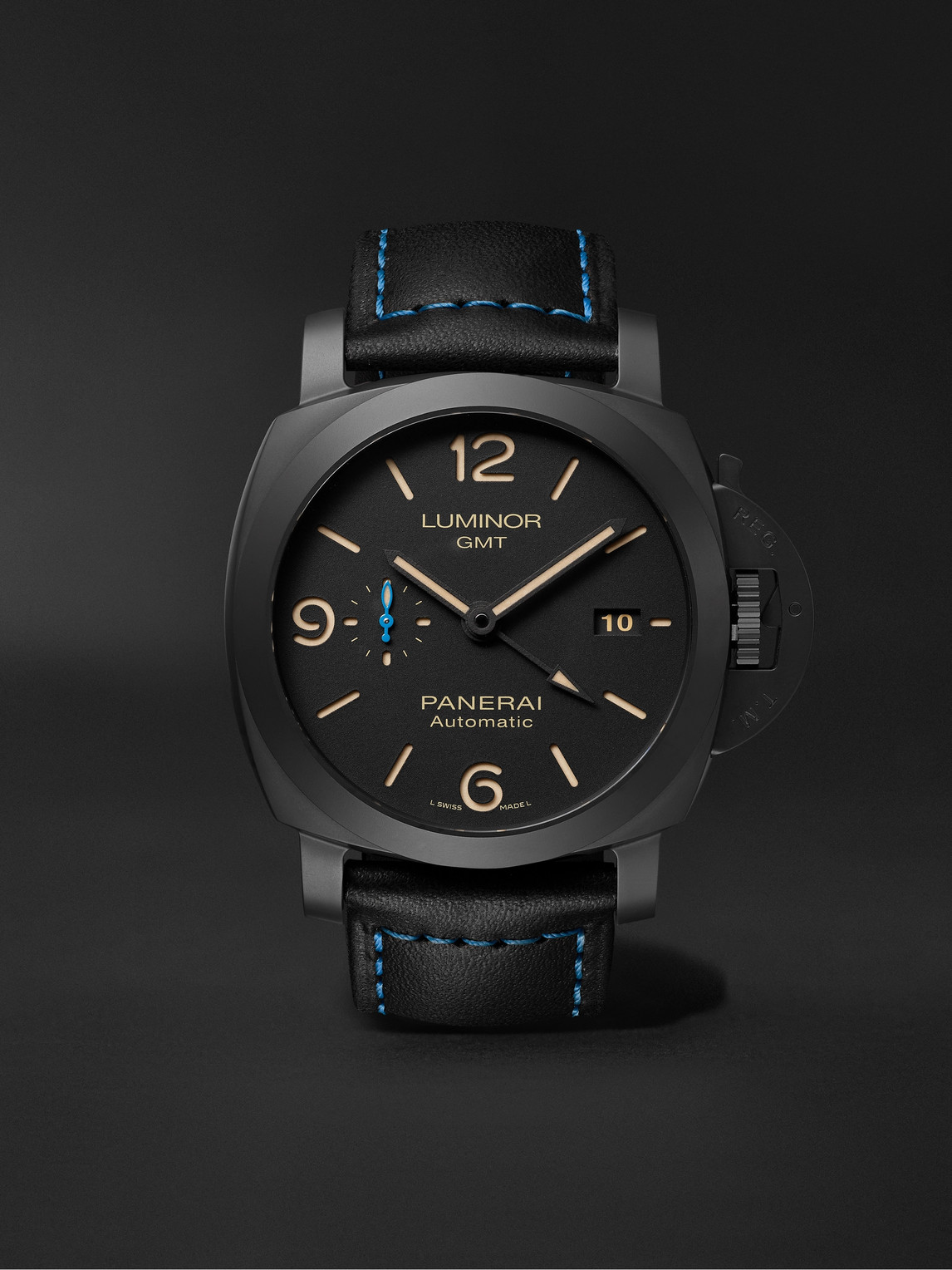 Panerai Luminor 1950 3 Days Gmt Automatic 44mm Ceramic And Leather Watch, Ref. No. Pam01441 In Black