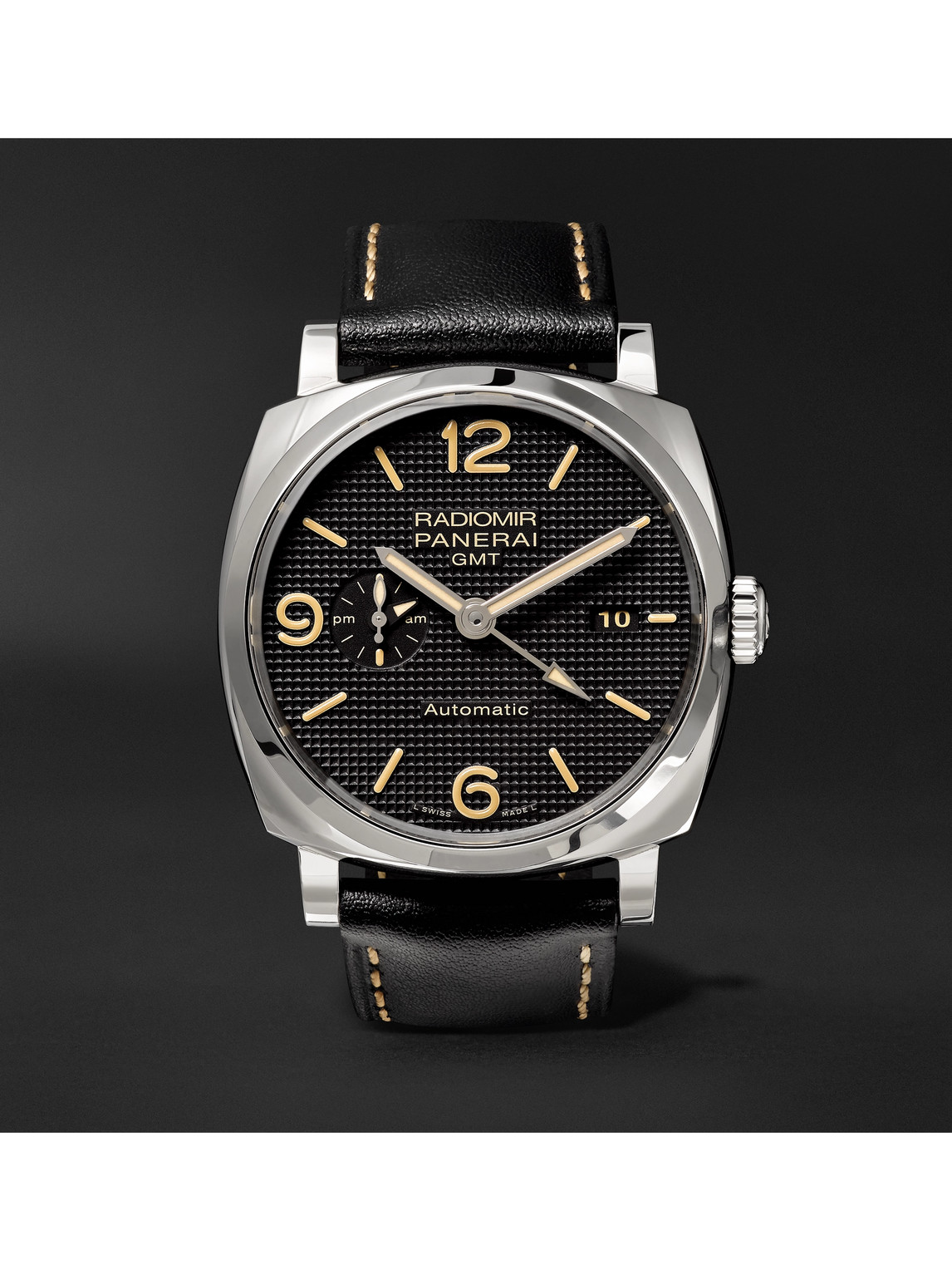 Shop Panerai Radiomir 1940 3 Days Gmt Automatic Acciaio 45mm Stainless Steel And Leather Watch, Ref. No. Pam00627 In Black