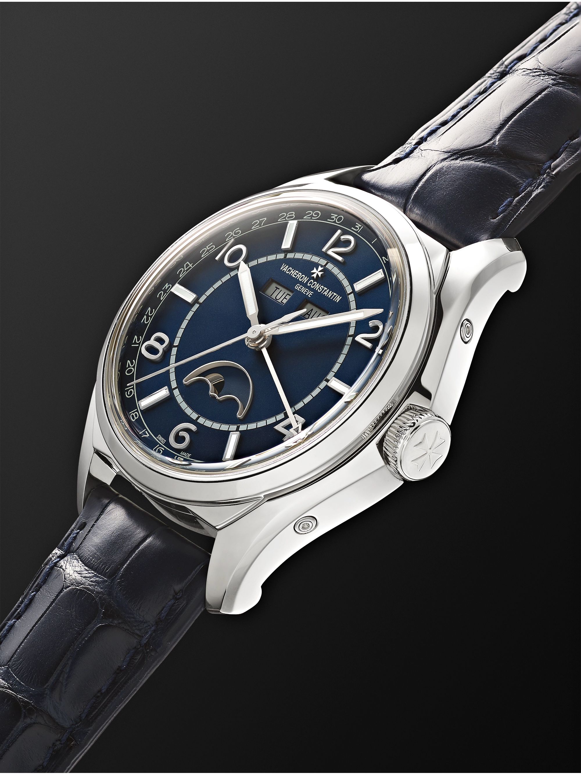Fiftysix Complete Calendar 40 mm Uhr aus Edelstahl mit automatischem Aufzug und Alligatorlederarmband Ref. Nr. 4000E 000A B548