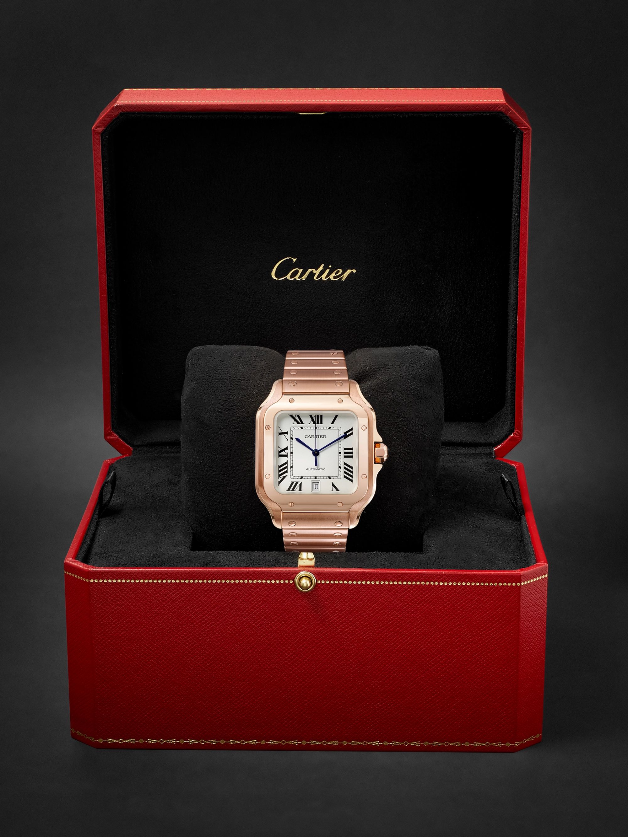 CARTIER Santos Automatic 39.8mm 18-Karat Pink Gold Interchangeable Alligator Watch, Ref. No. WGSA0007