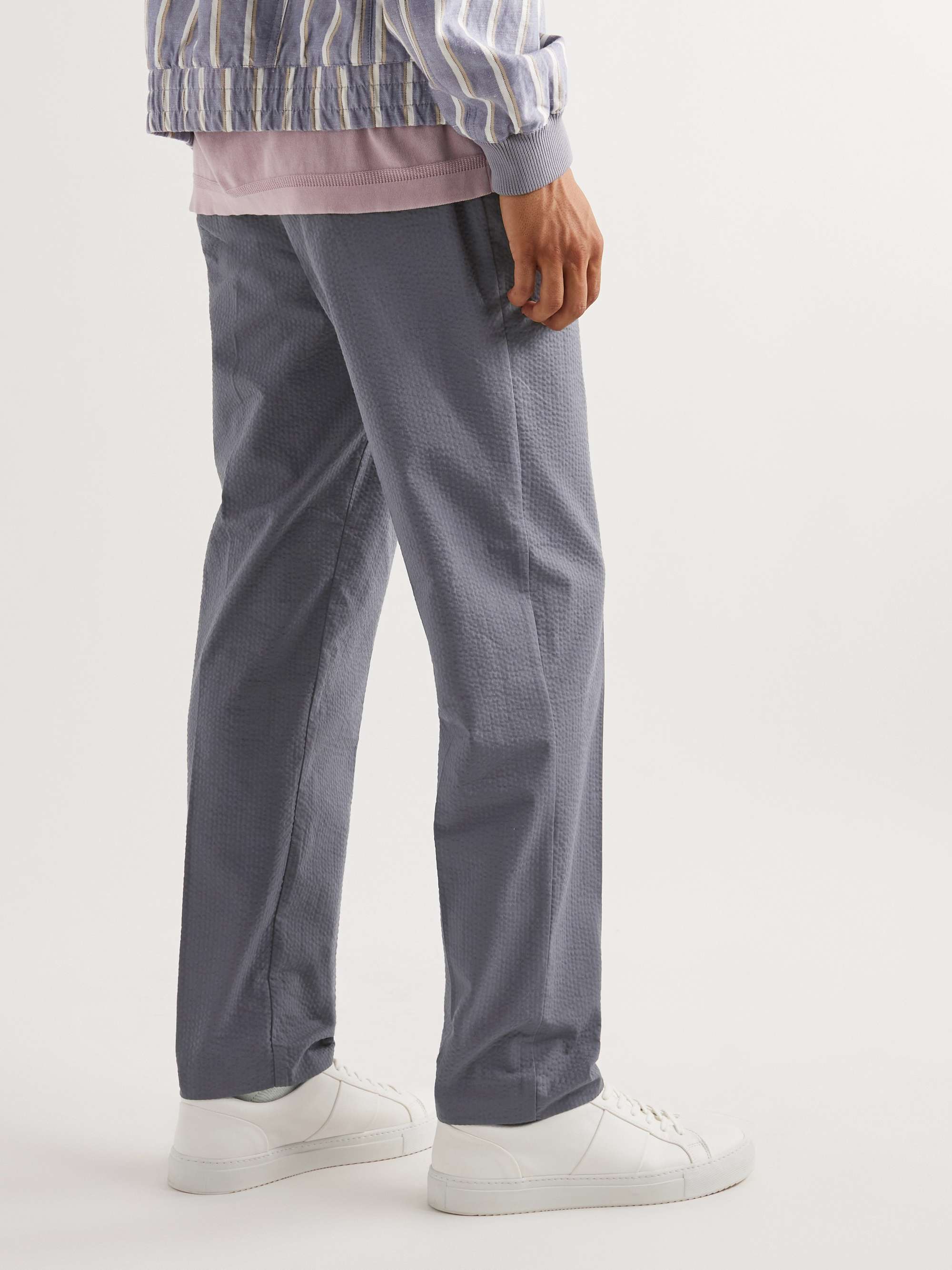 MR P. Tapered Organic Cotton-Seersucker Drawstring Trousers