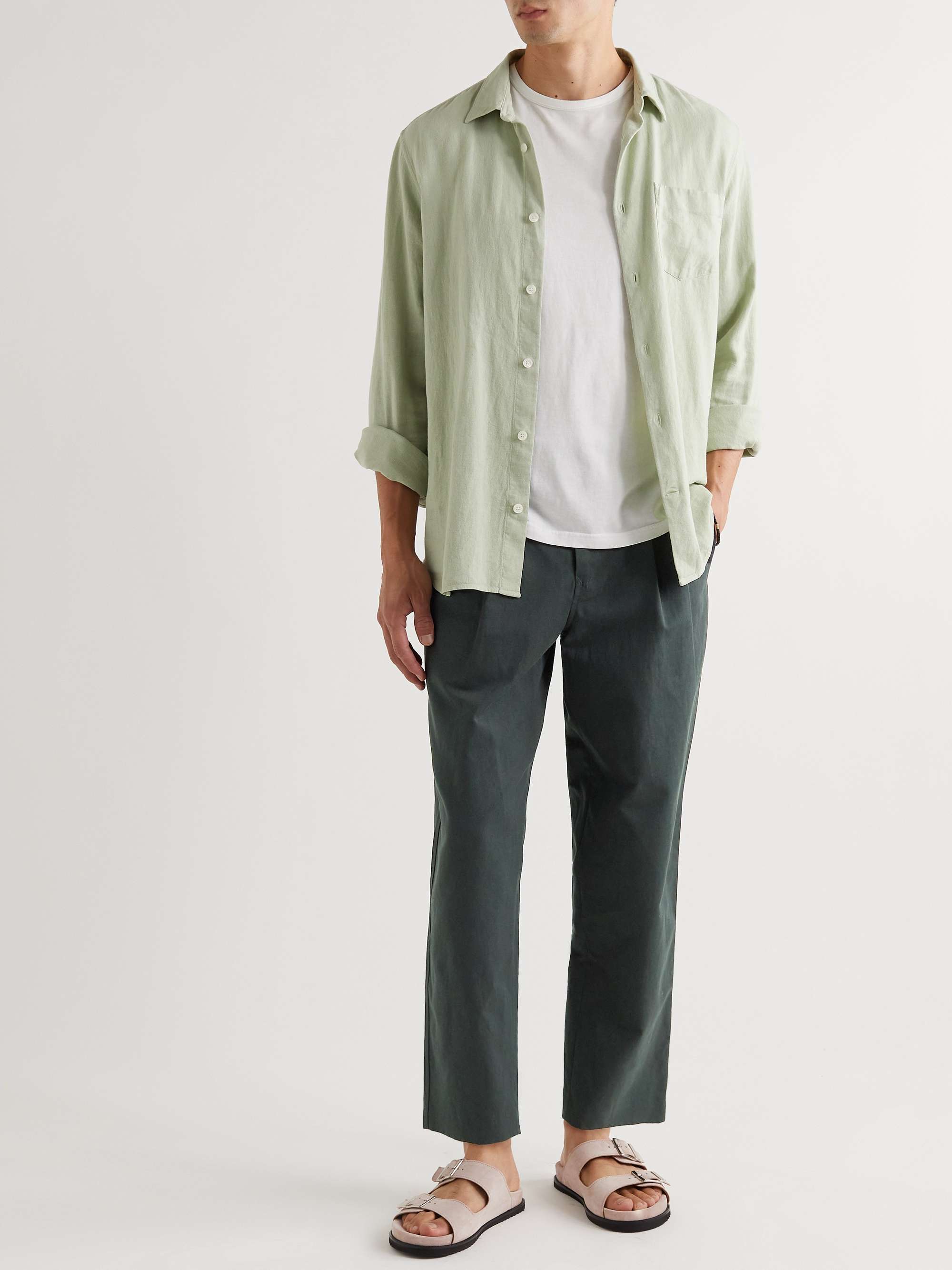 MR P. Tapered Cropped Pleated Cotton and Linen-Blend Trousers