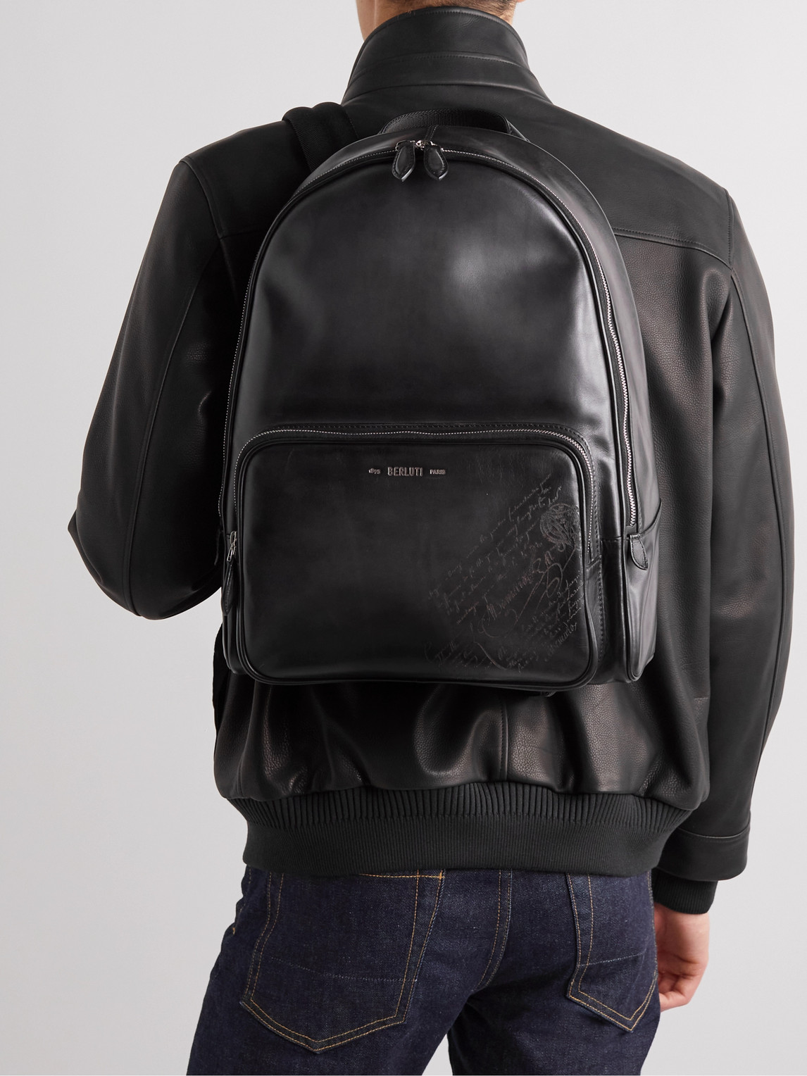 Shop Berluti Scritto Logo-debossed Leather Backpack In Black