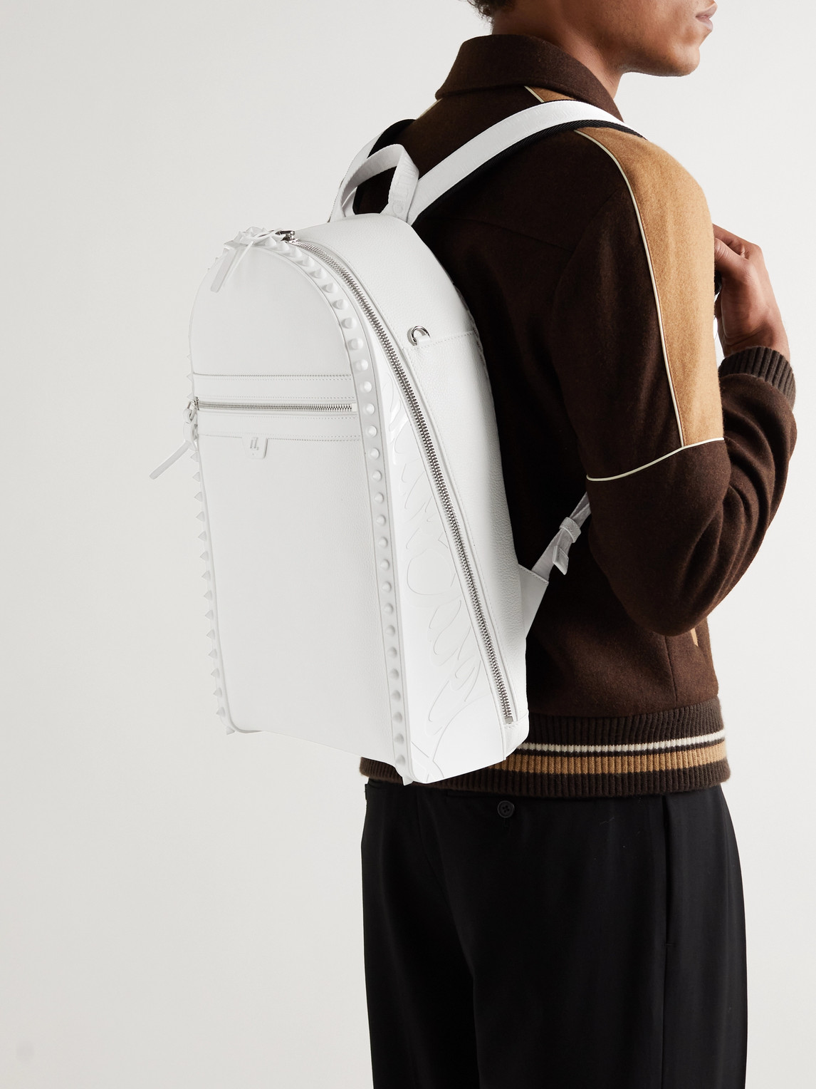 Shop Christian Louboutin Backparis Spiked Rubber-trimmed Full-grain Leather Backpack In White