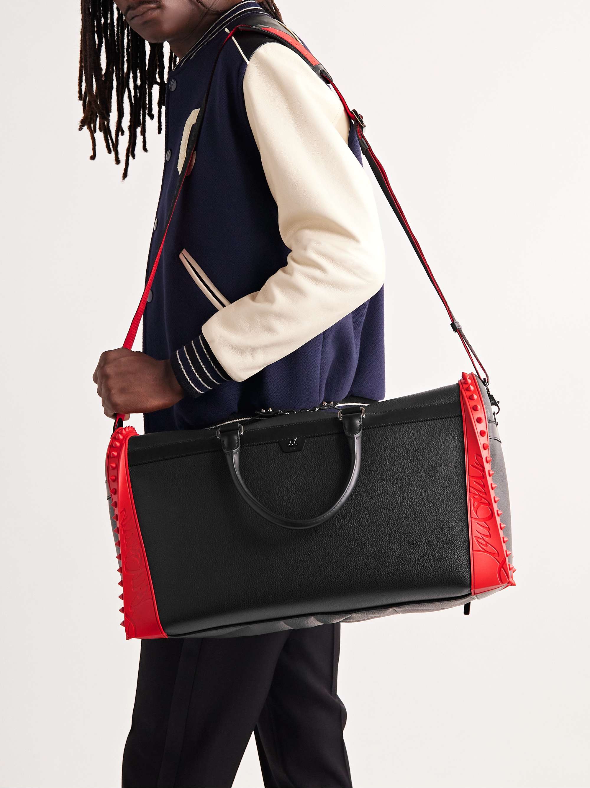 CHRISTIAN LOUBOUTIN Sneakender Studded Rubber-Trimmed Full-Grain Leather Weekend Bag