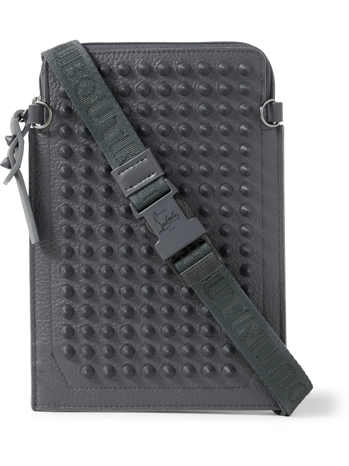 Christian Louboutin Studded Full-grain Leather Messenger Bag In Gray