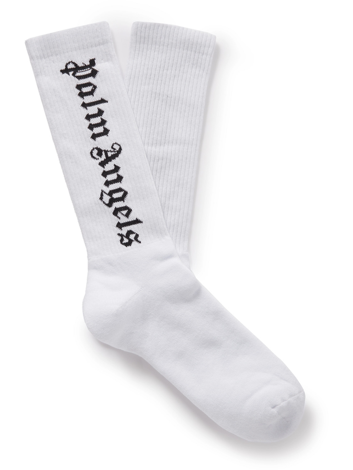 Shop Palm Angels Logo-jacquard Ribbed Cotton-blend Socks In White