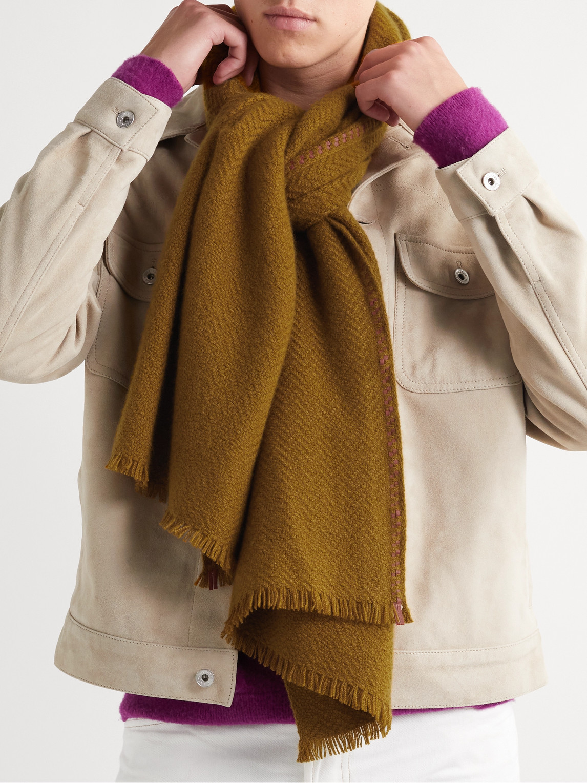 Loro Piana Leather-trimmed Fringed Herringbone Baby Cashmere Scarf In Brown
