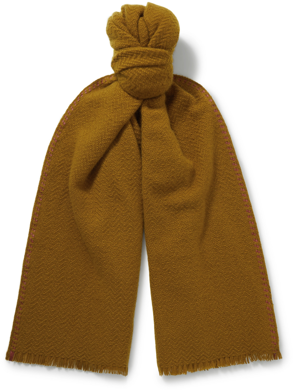 Loro Piana - Leather-Trimmed Fringed Herringbone Baby Cashmere Scarf - Men - Brown