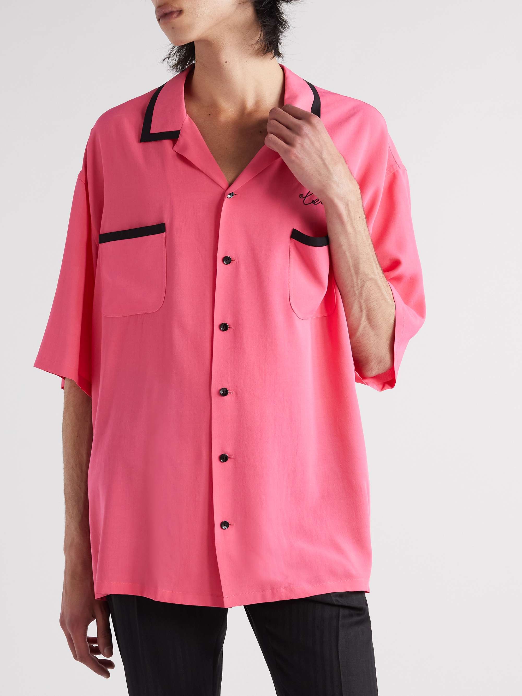 CELINE HOMME Camp-Collar Logo-Embroidered Twill Shirt