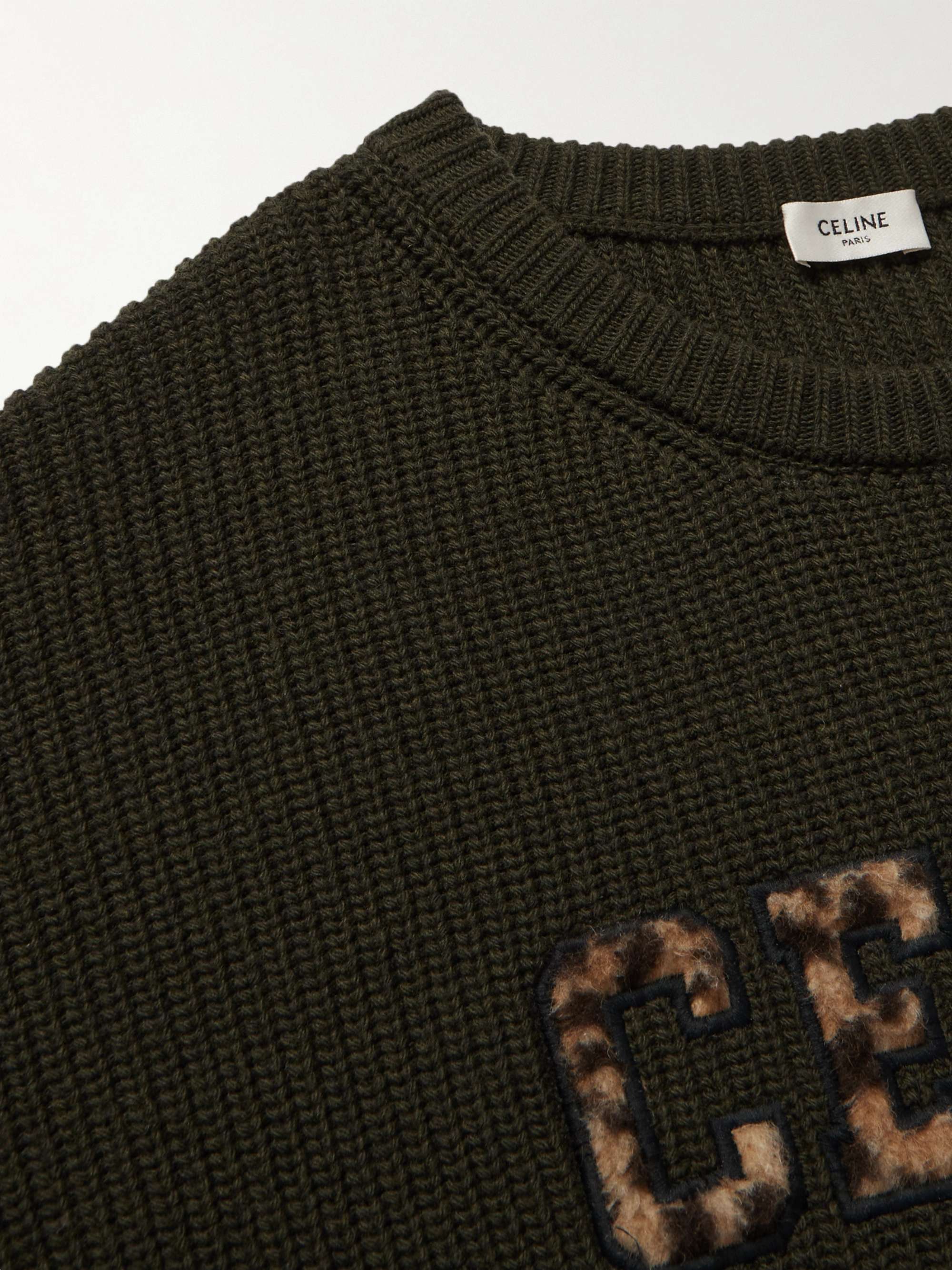 CELINE HOMME Logo-Appliquéd Ribbed Wool Sweater