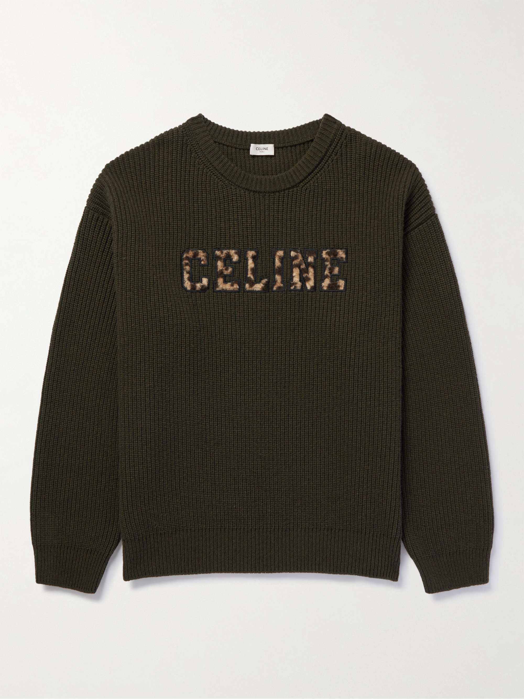 CELINE HOMME Logo-Appliquéd Ribbed Wool Sweater