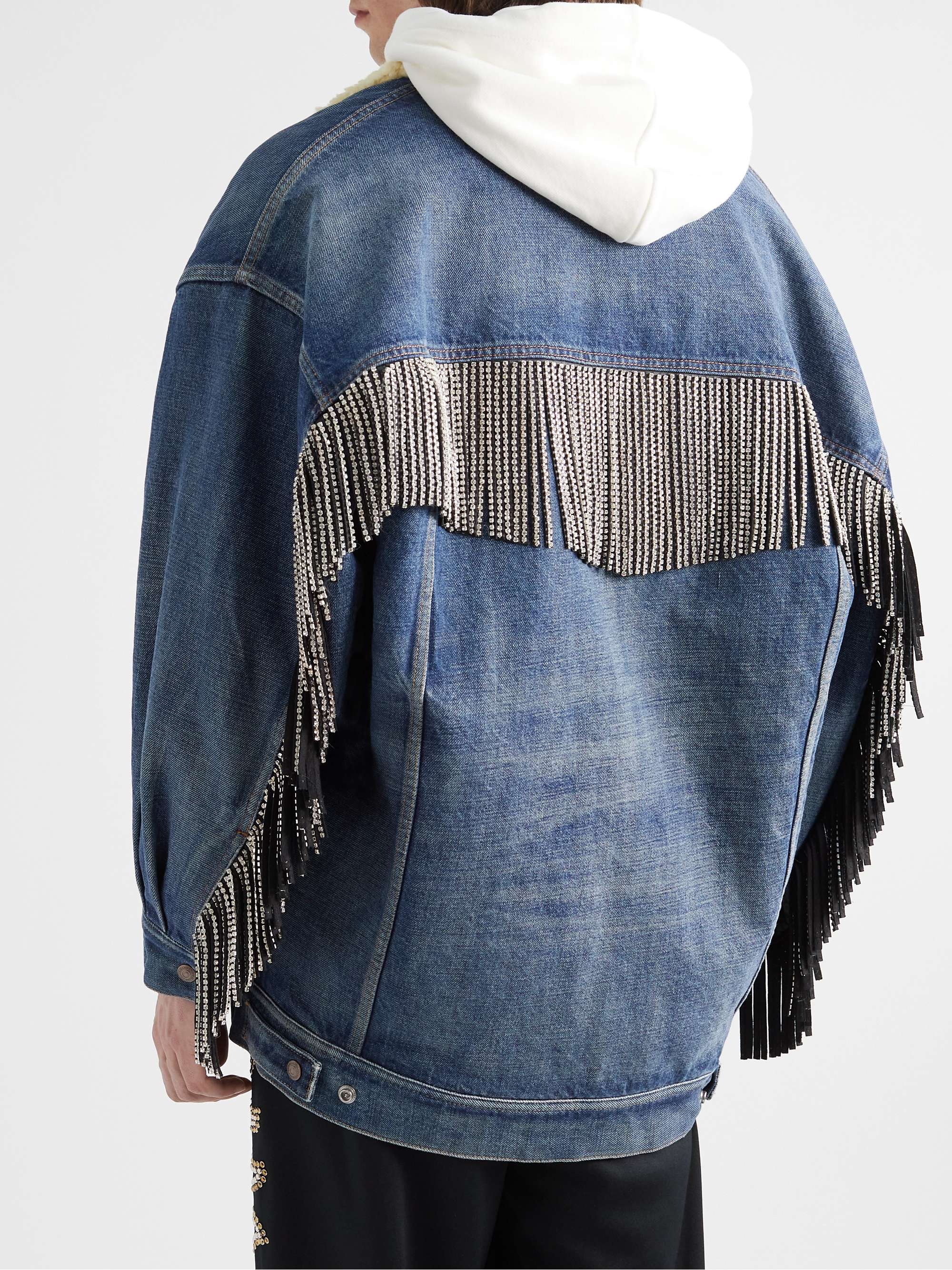 CELINE HOMME Oversized Embellished Fringed Shearling-Lined Denim Jacket
