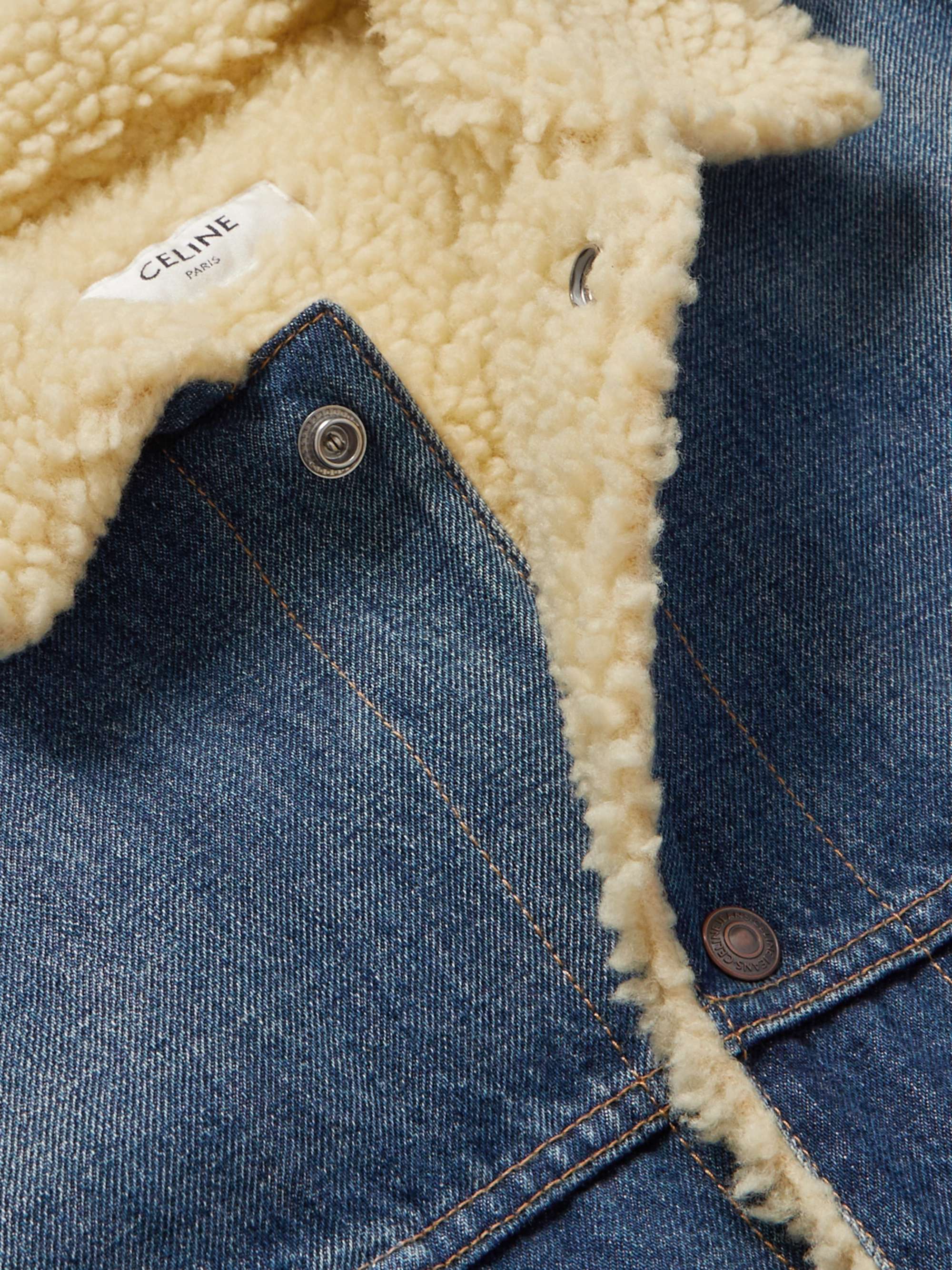 CELINE HOMME Oversized Embellished Fringed Shearling-Lined Denim Jacket