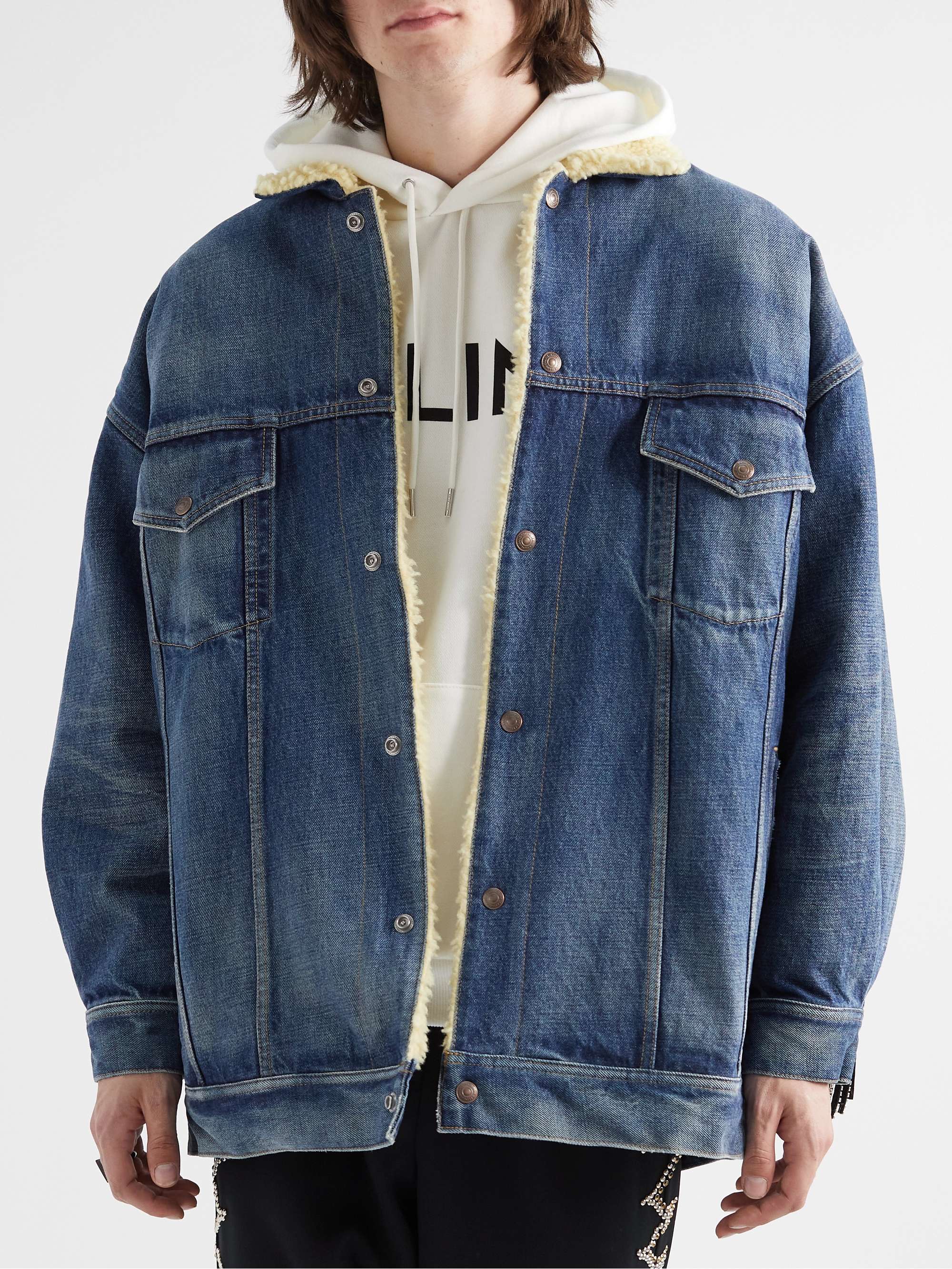 CELINE HOMME Oversized Embellished Fringed Shearling-Lined Denim Jacket