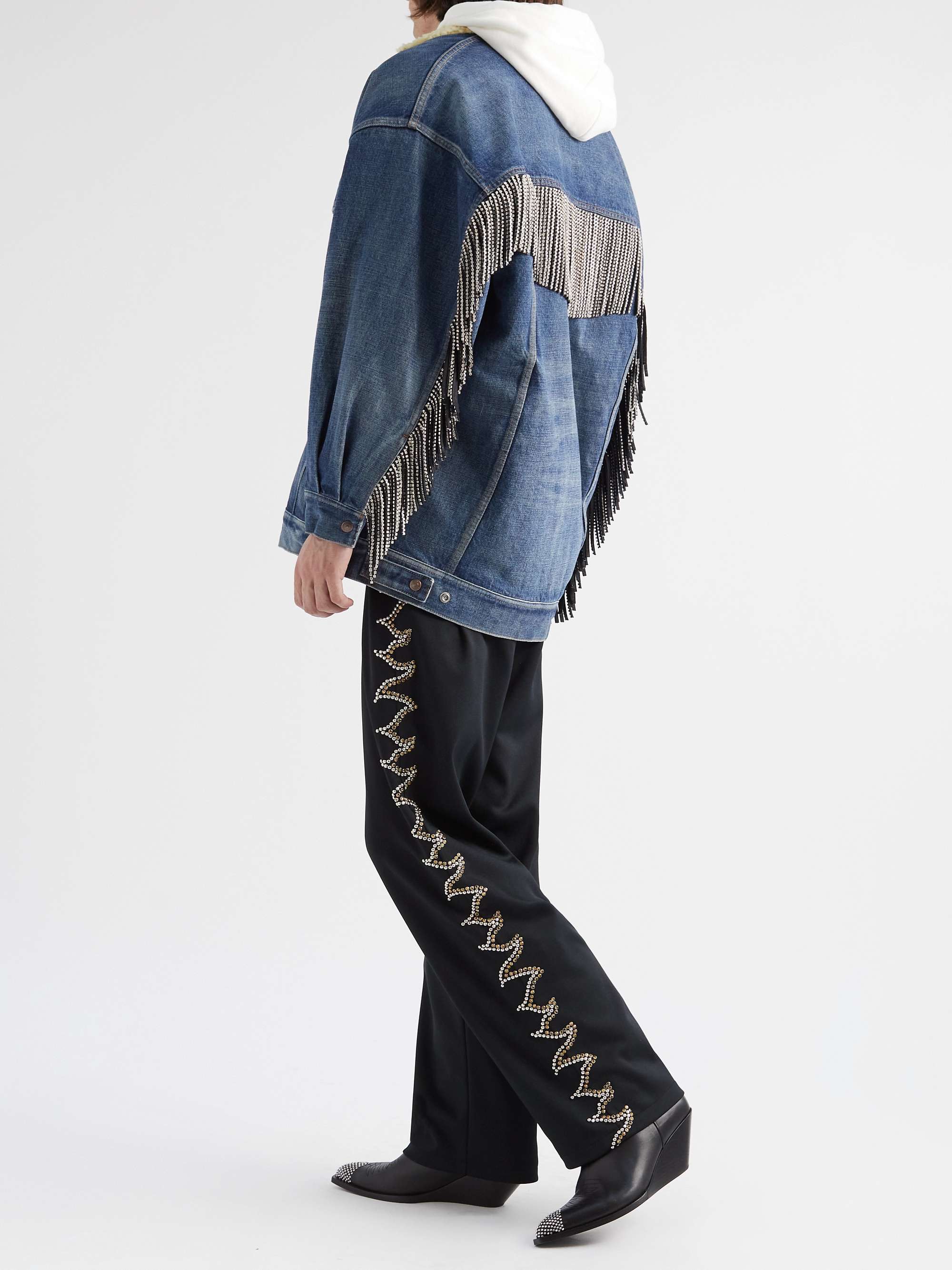 CELINE HOMME Oversized Embellished Fringed Shearling-Lined Denim Jacket