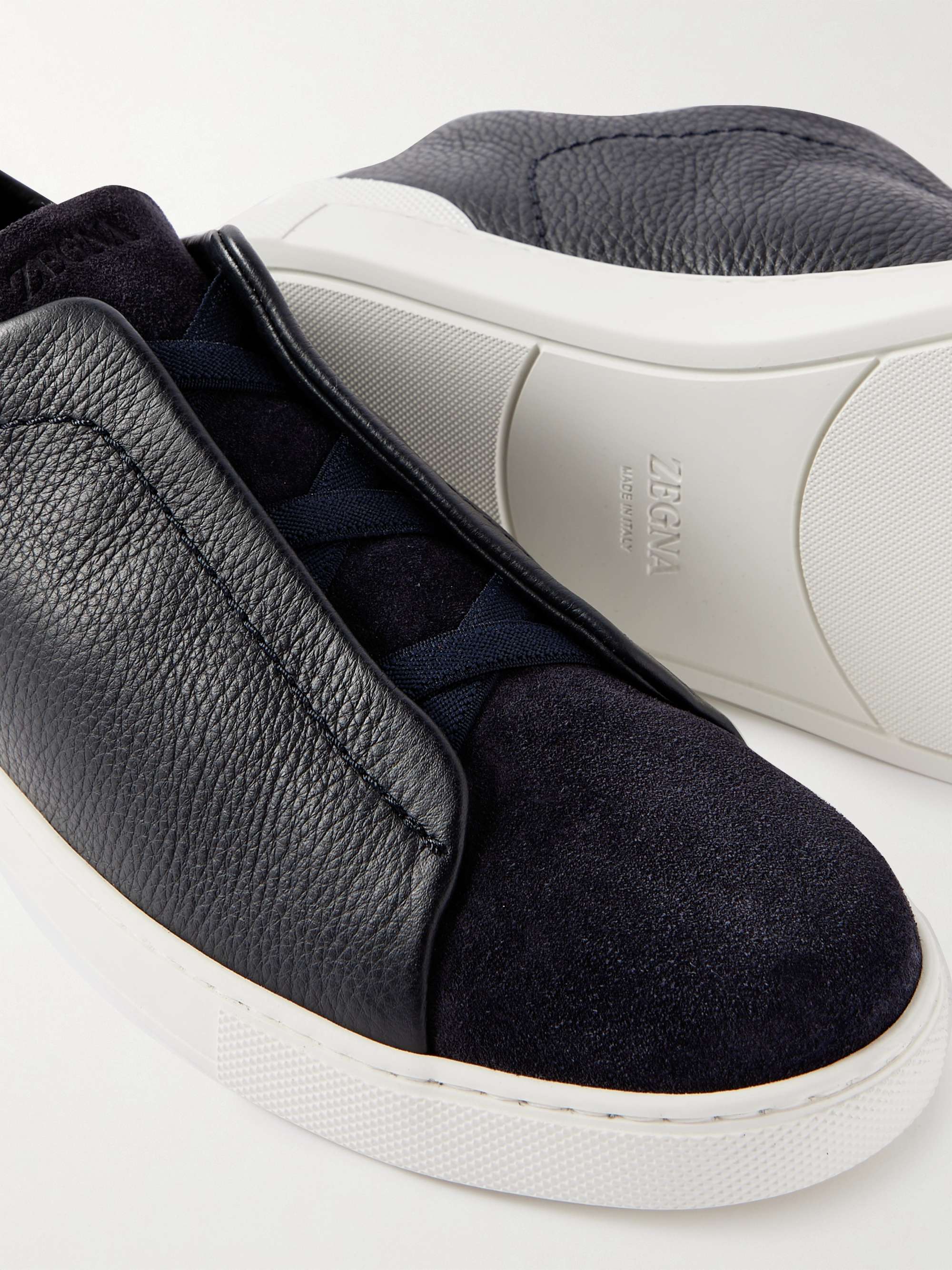 ZEGNA Full-Grain Leather and Suede Slip-On Sneakers