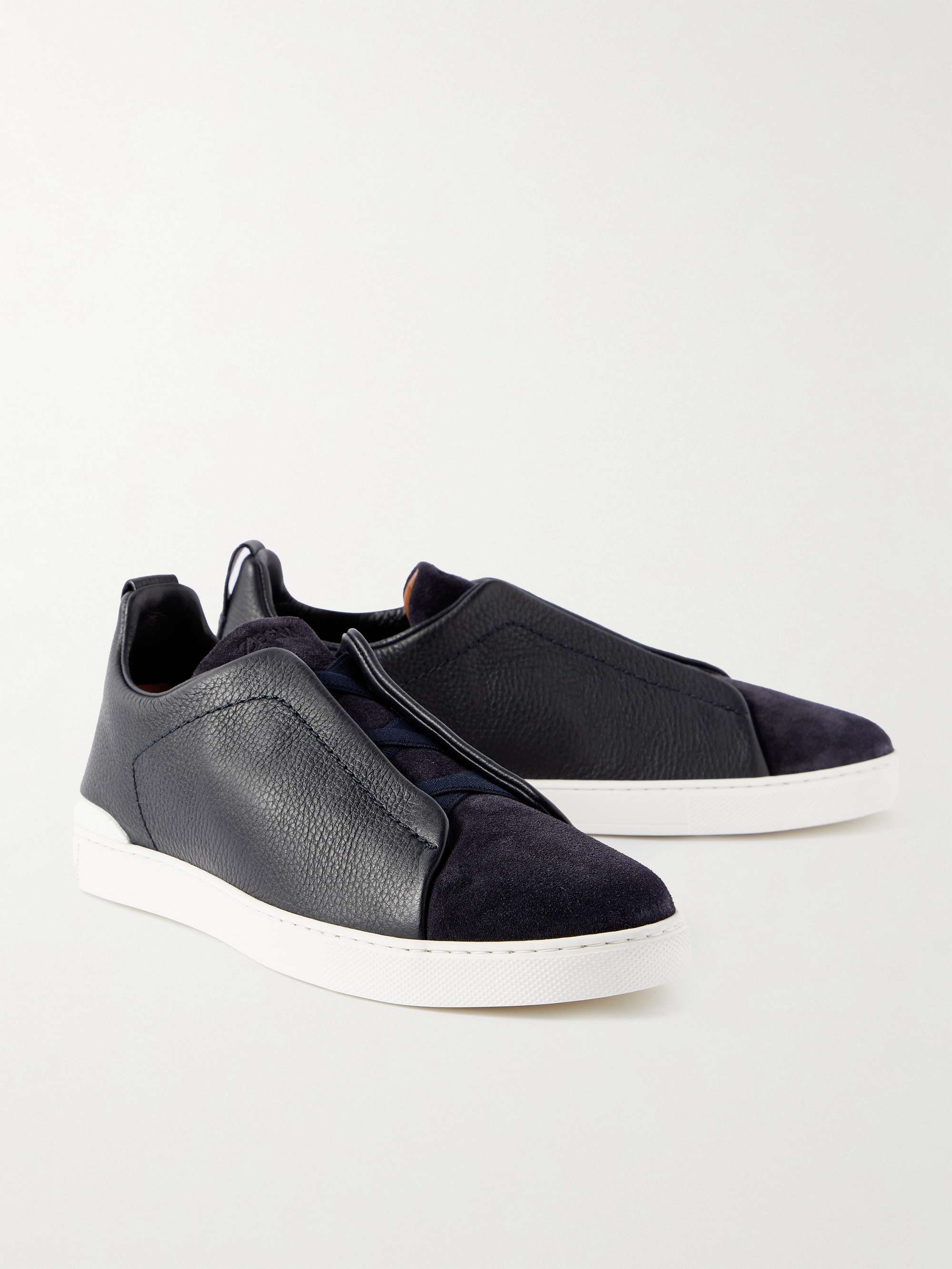 ZEGNA Full-Grain Leather and Suede Slip-On Sneakers