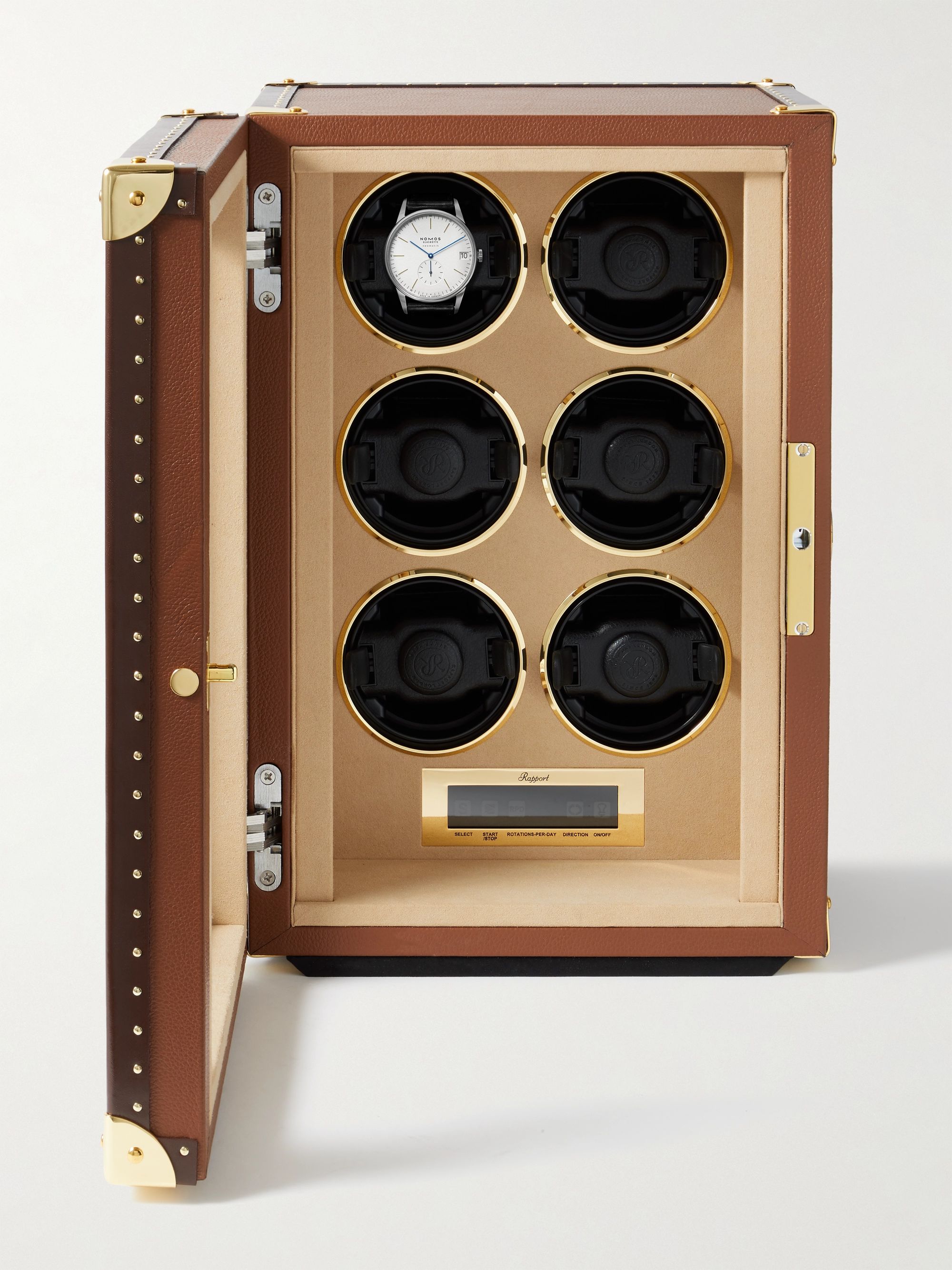 RAPPORT LONDON Romer Studded Leather-Wrapped Cedar and Glass Watch Winder