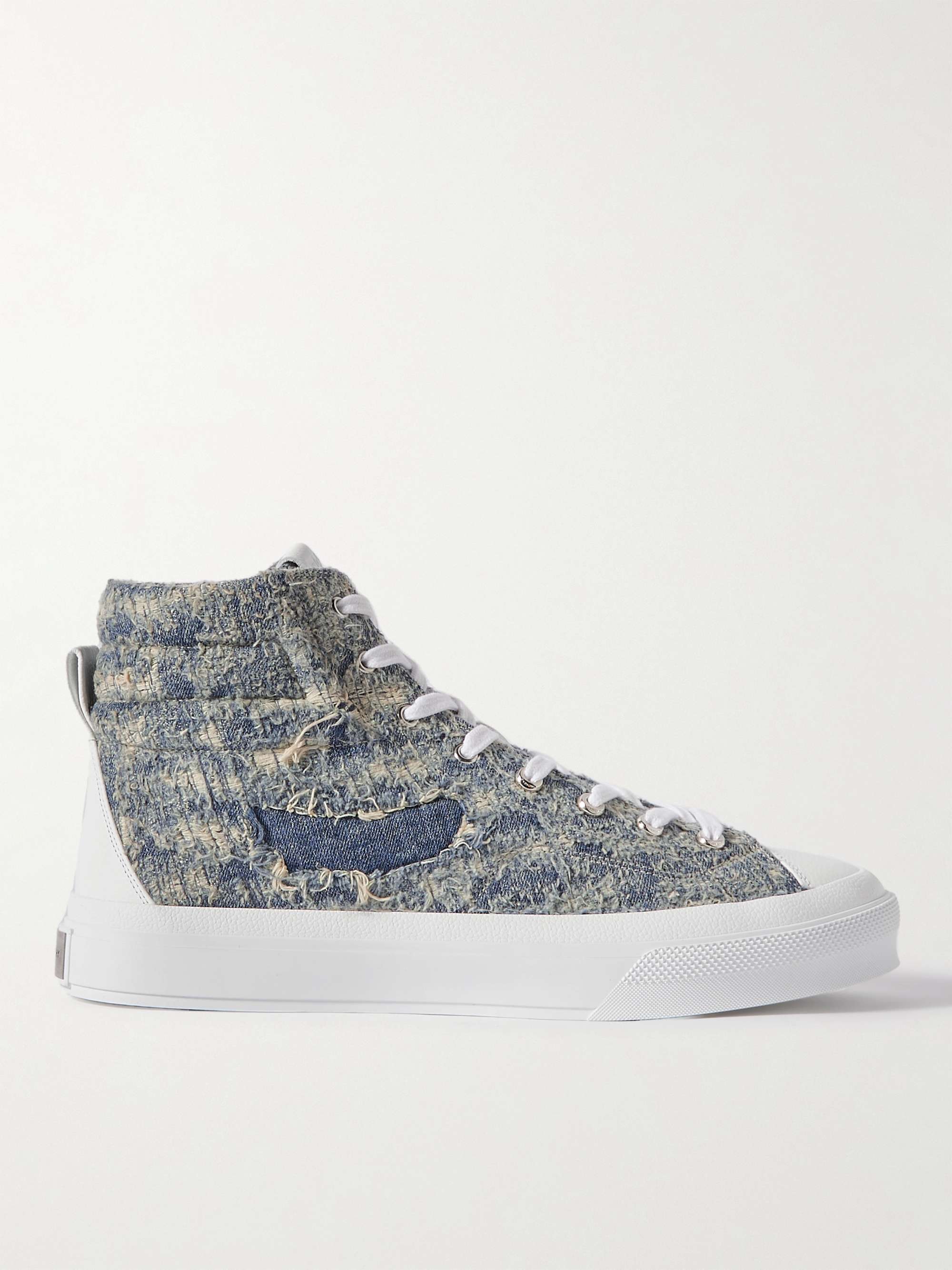GIVENCHY City Leather-Trimmed Distressed Denim High-Top Sneakers | MR PORTER
