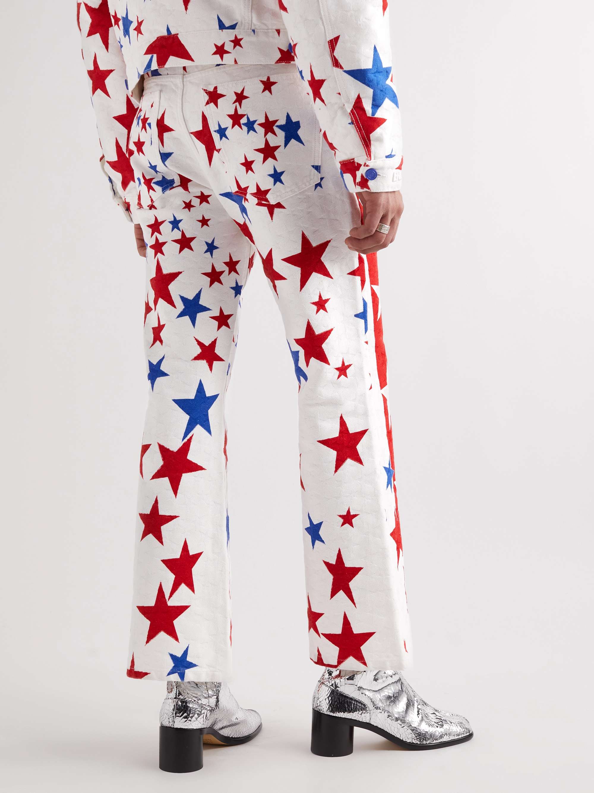 ERL Slim-Fit Flared Printed Denim-Jacquard Trousers