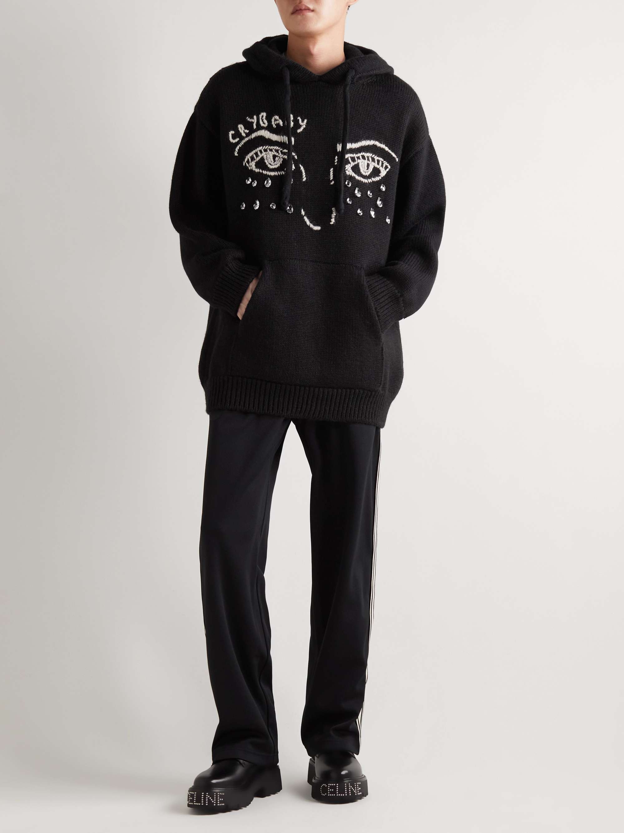 CELINE HOMME Embroidered Embellished Wool and Alpaca-Blend Hoodie