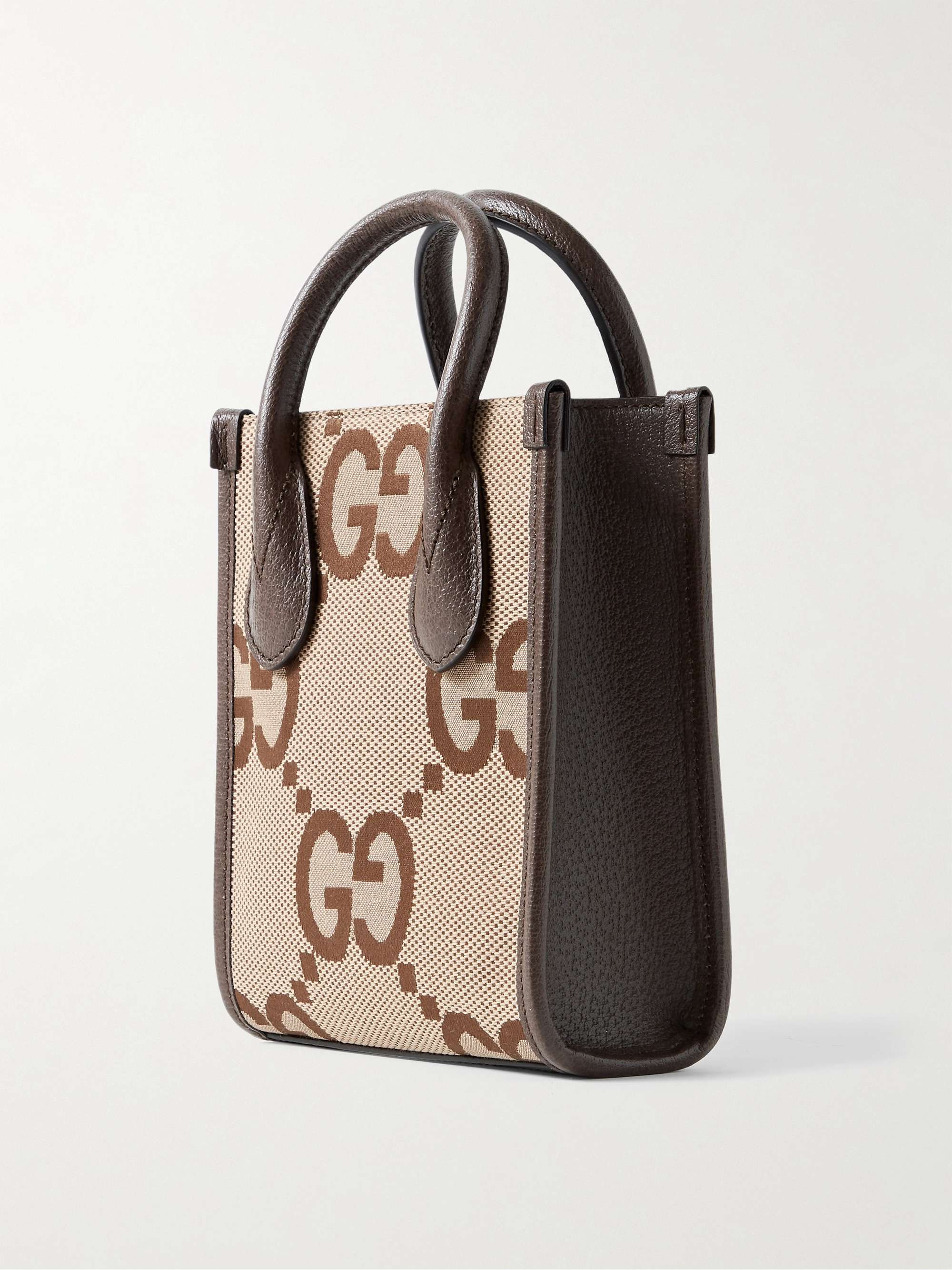 GUCCI Mini Full-Grain Leather-Trimmed Monogrammed Canvas Tote Bag