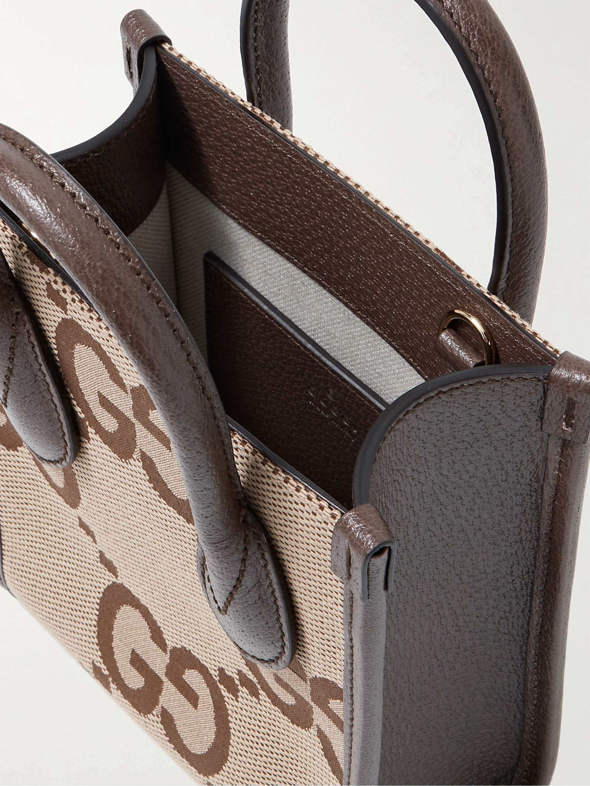 GUCCI Mini Full-Grain Leather-Trimmed Monogrammed Canvas Tote Bag