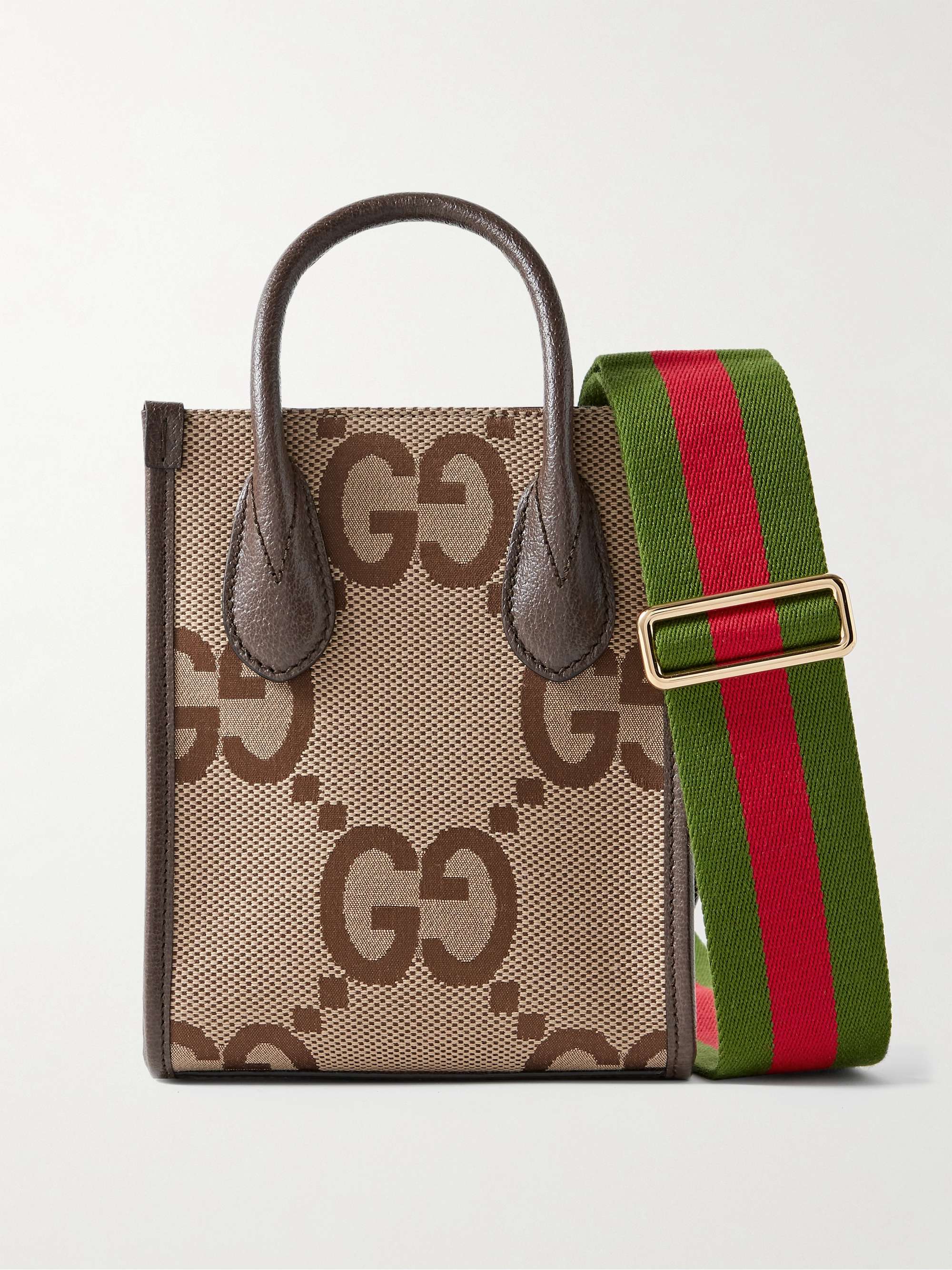 GUCCI Mini Full-Grain Leather-Trimmed Monogrammed Canvas Tote Bag