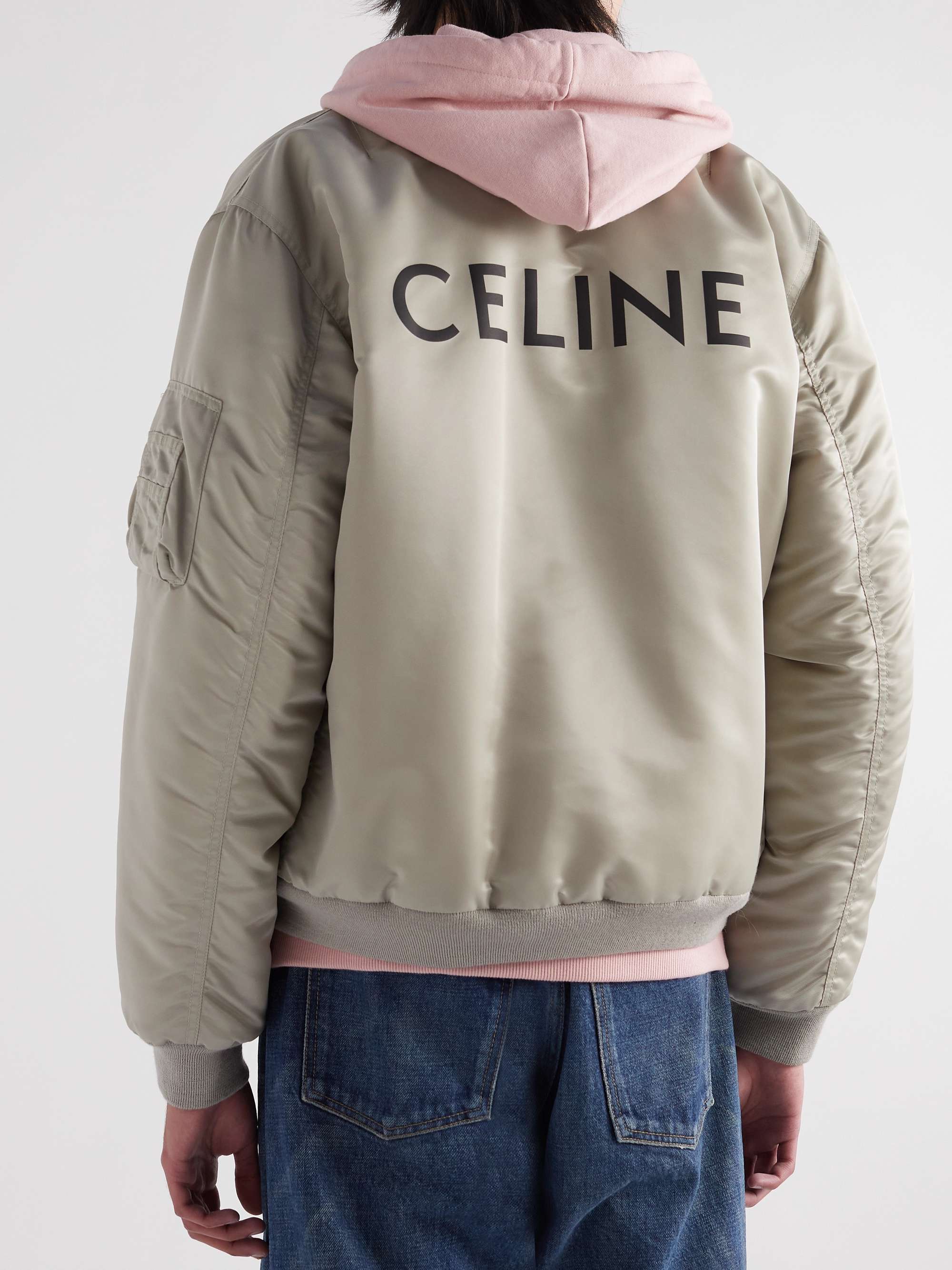 CELINE HOMME Logo-Print Chain-Embellished Nylon Bomber Jacket