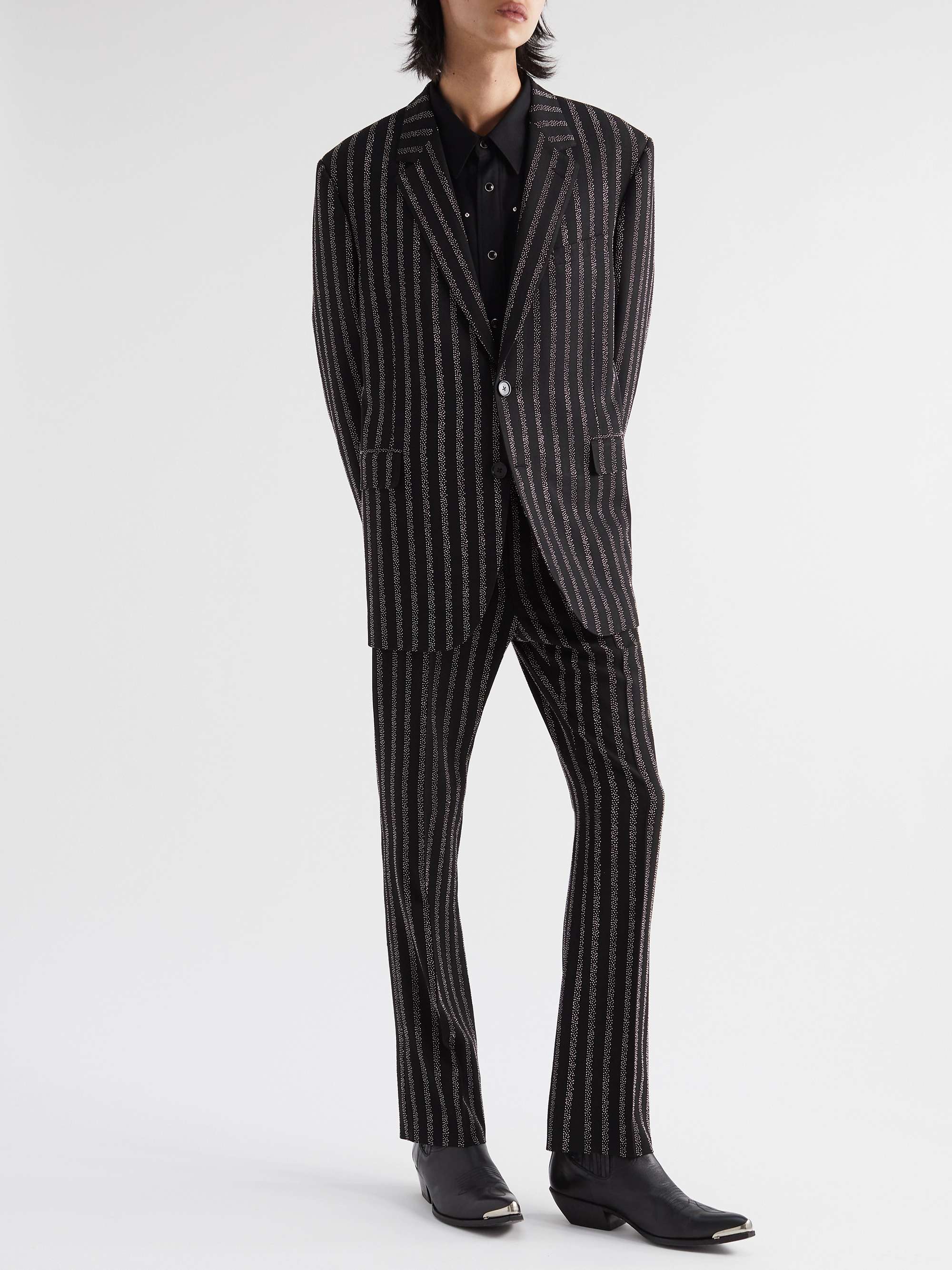 Slim-Fit Embellished Striped Crepe Trousers