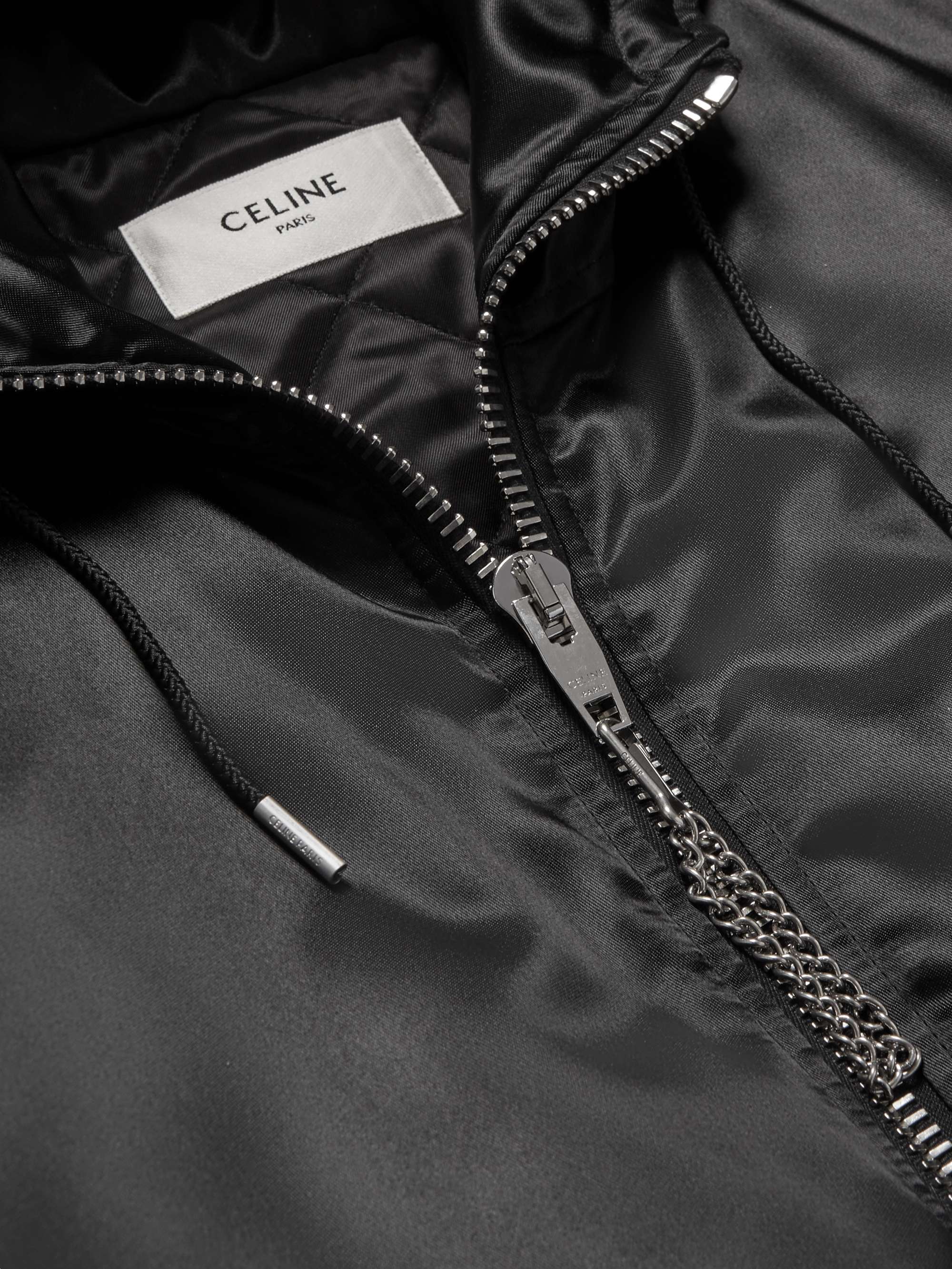 CELINE HOMME Oversized Chain-Embellished Logo-Print Nylon Hooded Bomber Jacket