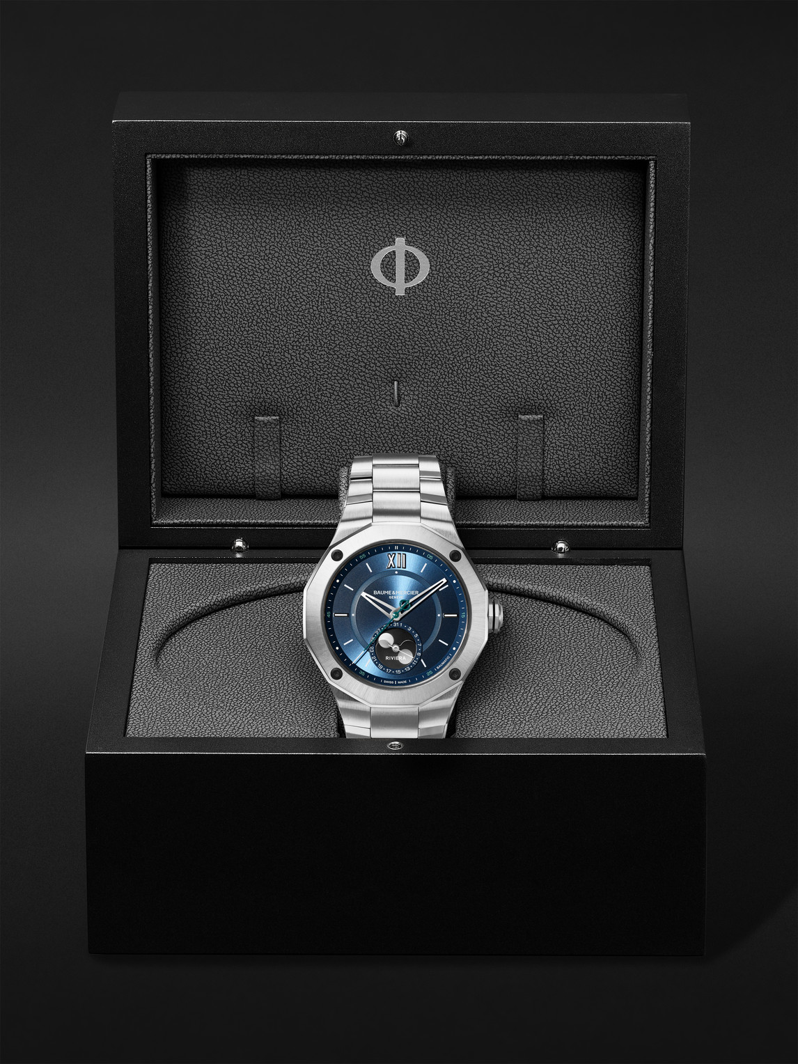 Shop Baume & Mercier Riviera Baumatic Automatic Moon-phase 43mm Stainless Steel Watch, Ref. No. 10682 In Blue