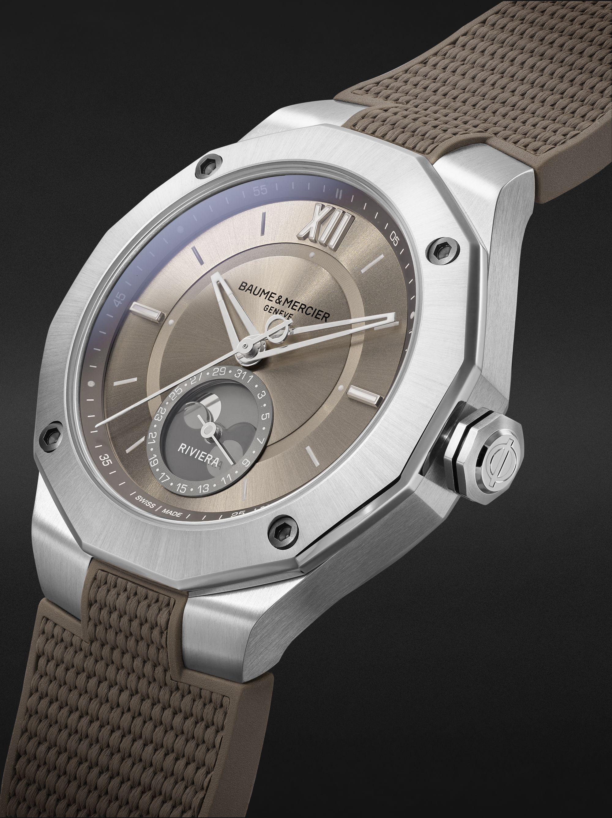 BAUME & MERCIER Riviera Baumatic Automatic Moon-Phase 43mm Stainless Steel and Rubber Watch, Ref. No. 10681